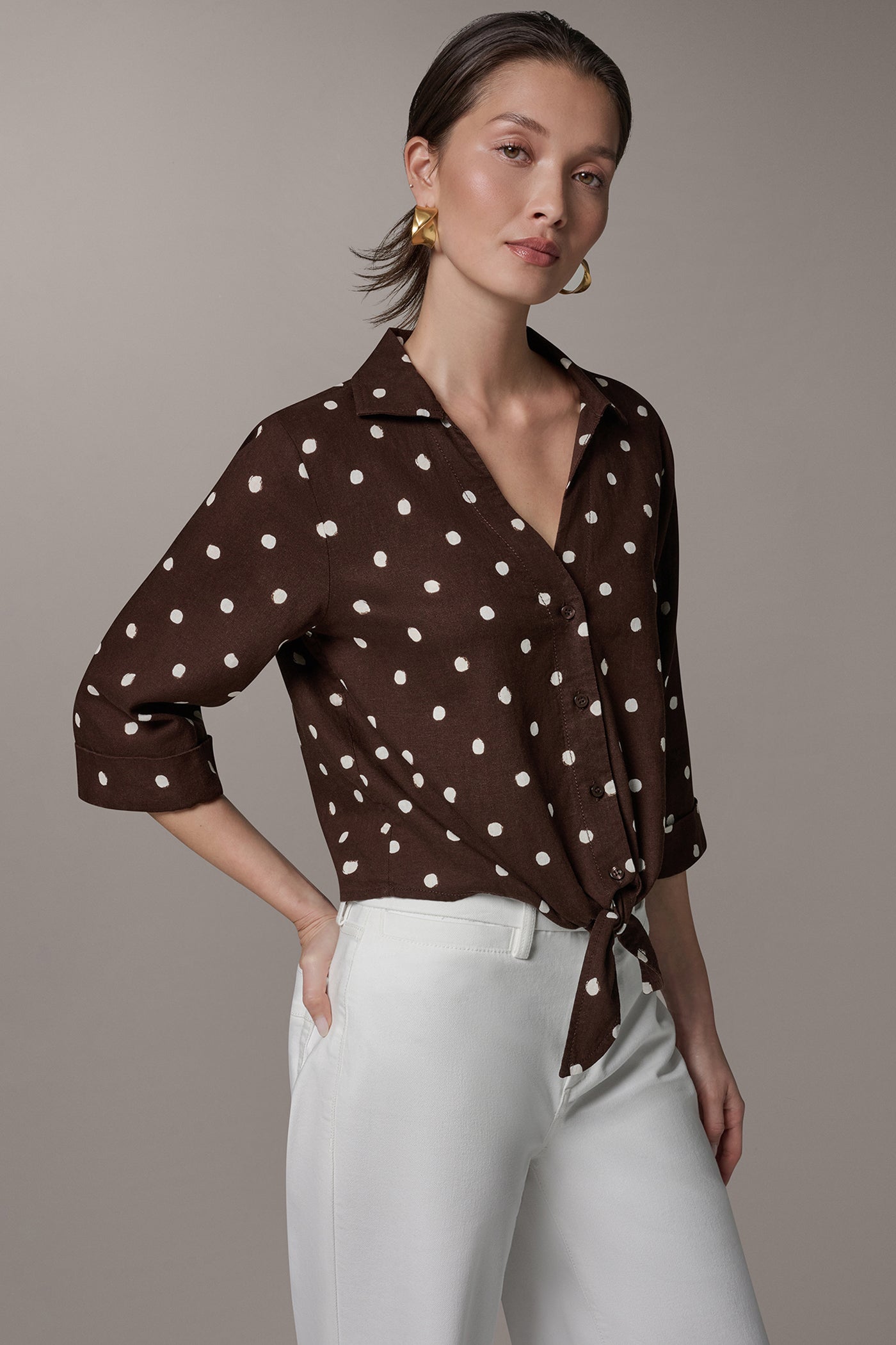 Donna Karan | ELBOW SLEEVE POLKA DOT TIE FRONT BLOUSE