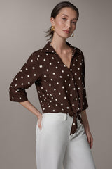 Donna Karan | ELBOW SLEEVE POLKA DOT TIE FRONT BLOUSE