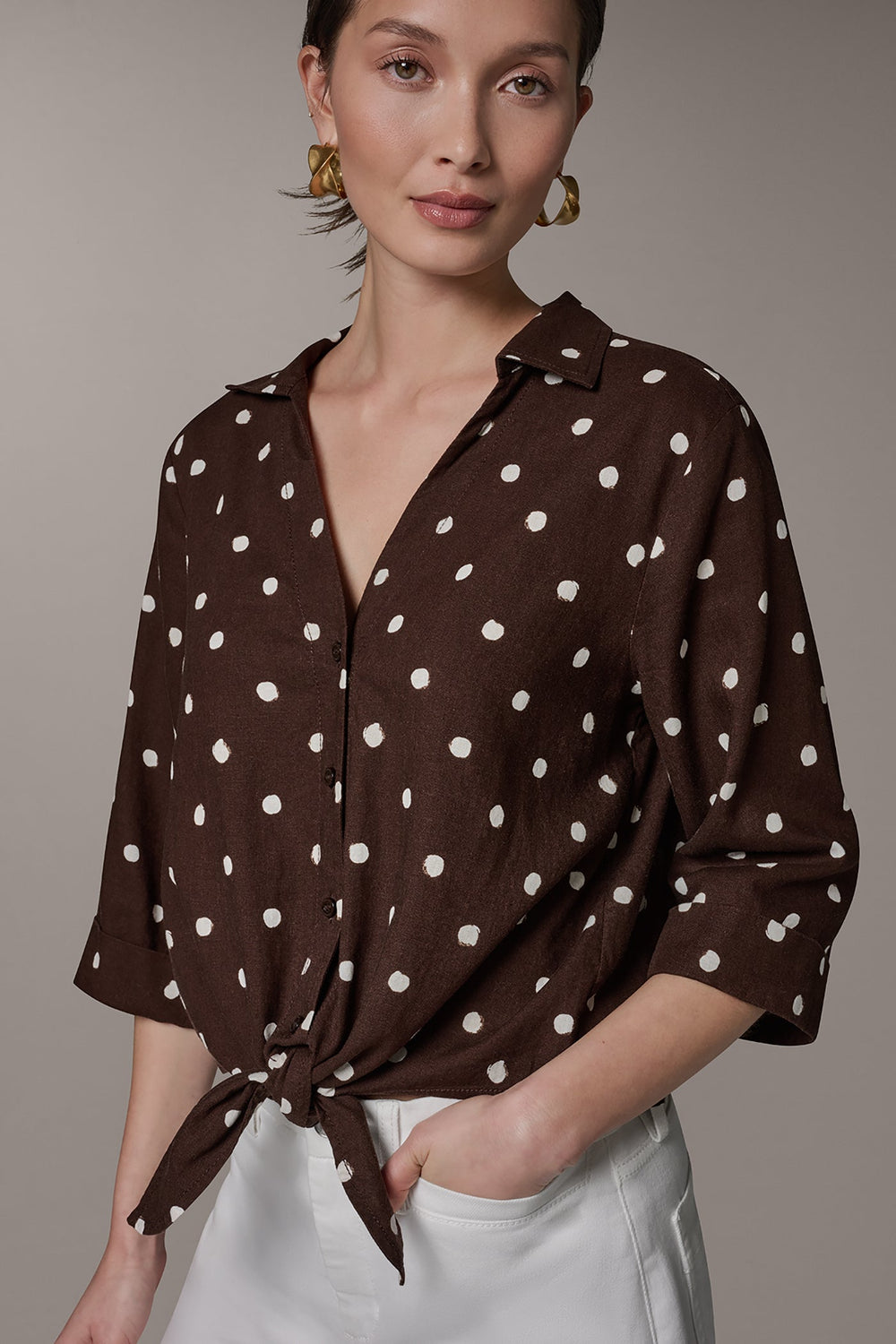 Donna Karan | ELBOW SLEEVE POLKA DOT TIE FRONT BLOUSE