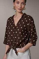 Donna Karan | ELBOW SLEEVE POLKA DOT TIE FRONT BLOUSE