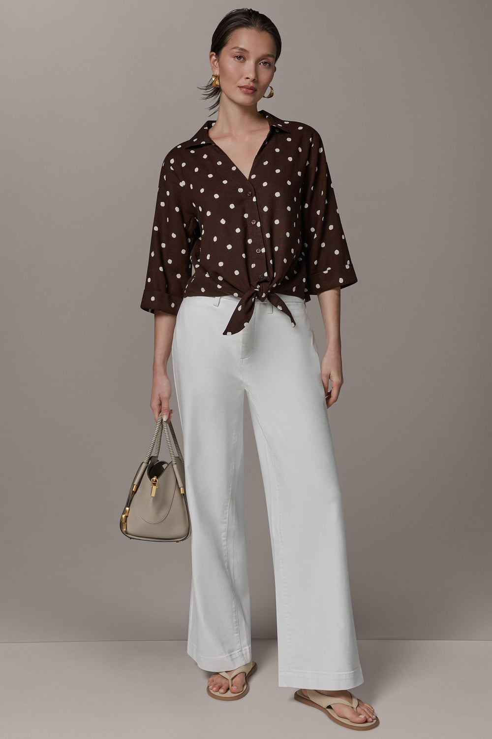 Donna Karan | ELBOW SLEEVE POLKA DOT TIE FRONT BLOUSE