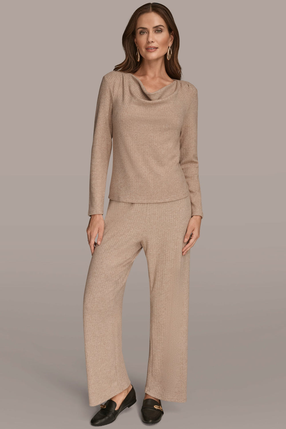 Donna Karan | METALLIC COWL-NECK RIB-KNIT BLOUSE