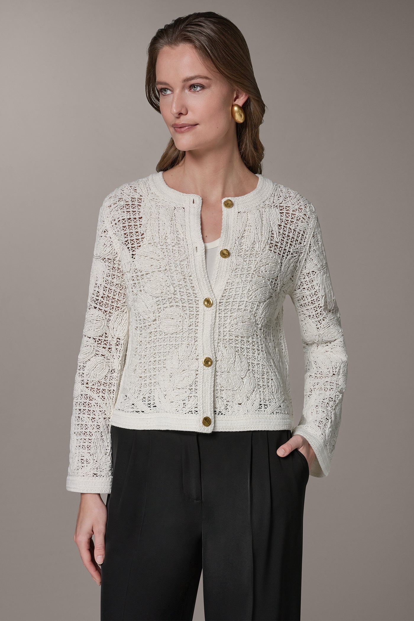 Donna Karan | BELL SLEEVE FLORAL CROCHET JACKET