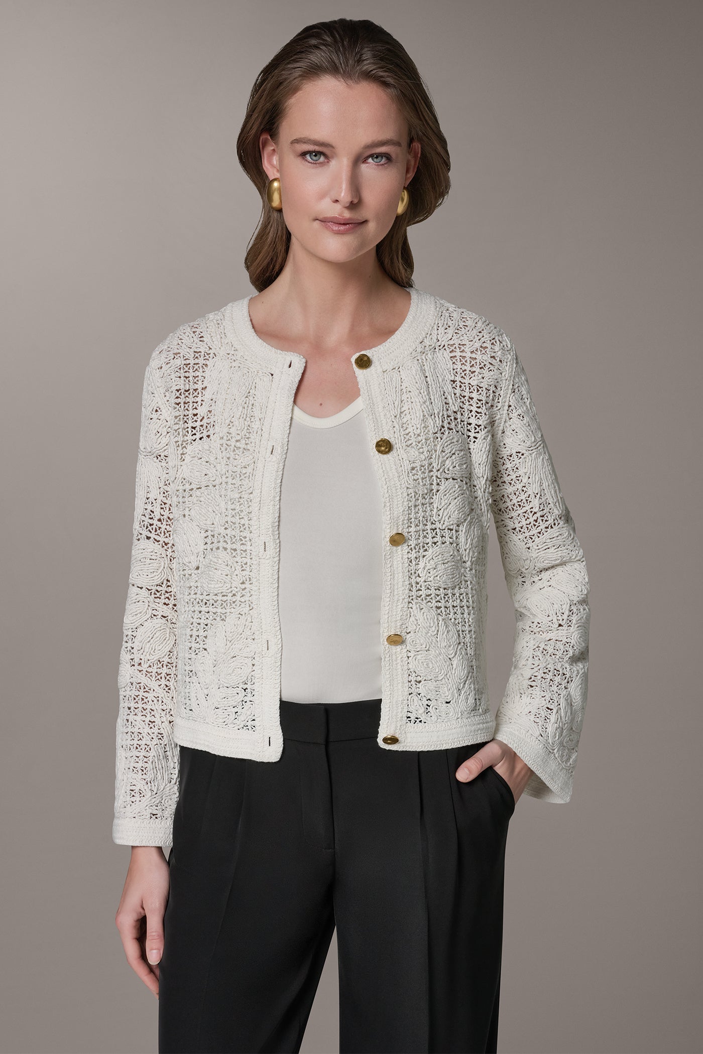 Donna Karan | BELL SLEEVE FLORAL CROCHET JACKET