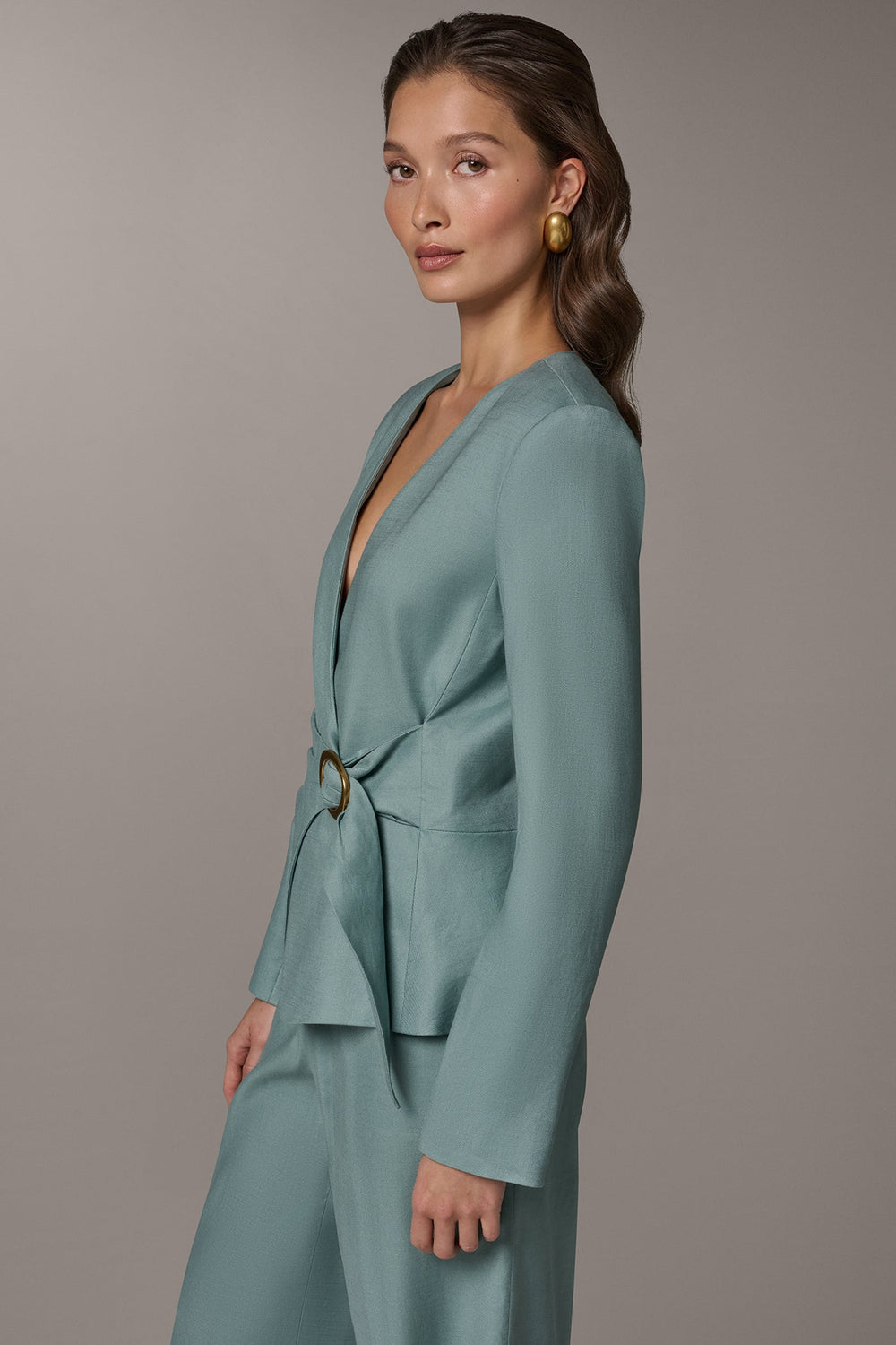 Donna Karan | LINEN-BLEND WRAP-EFFECT BUCKLE JACKET