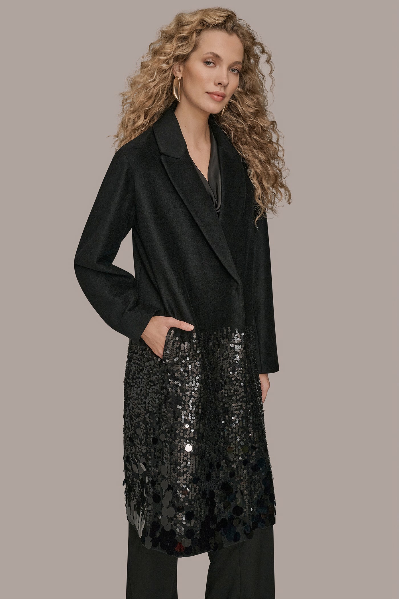 Donna Karan | LONG SEQUIN WOOL-BLEND COAT
