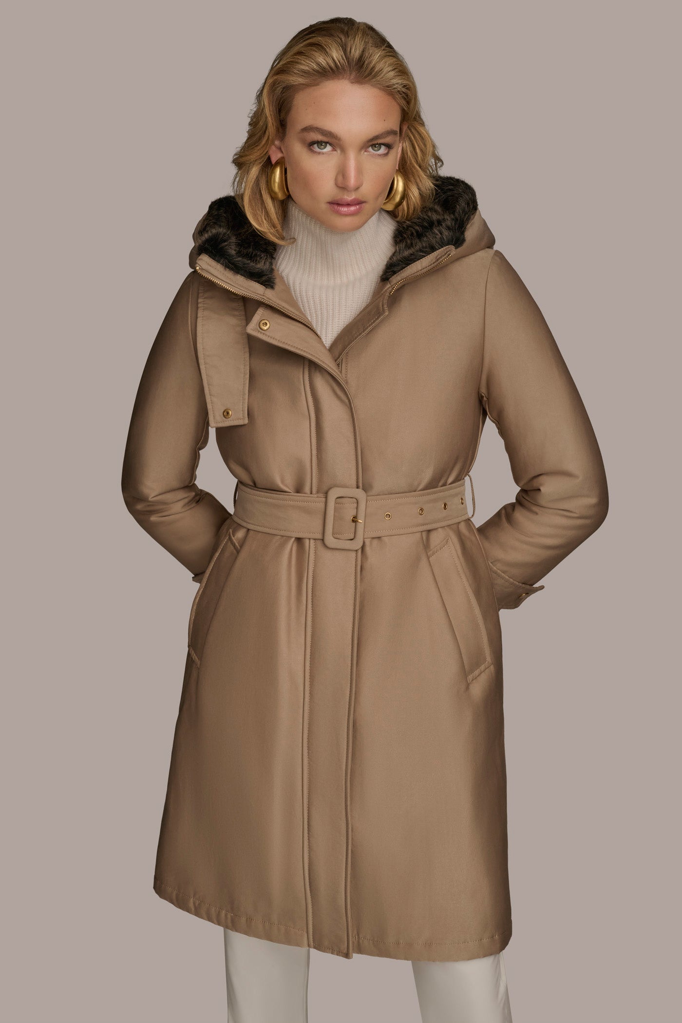 Donna Karan | FAUX FUR TRIM LINED RAIN COAT