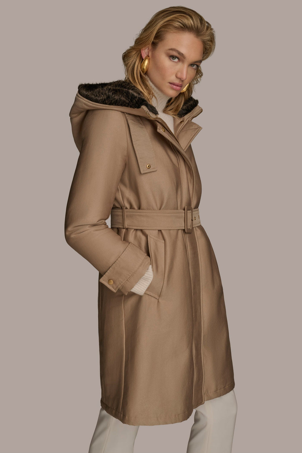 Donna Karan | FAUX FUR TRIM LINED RAIN COAT