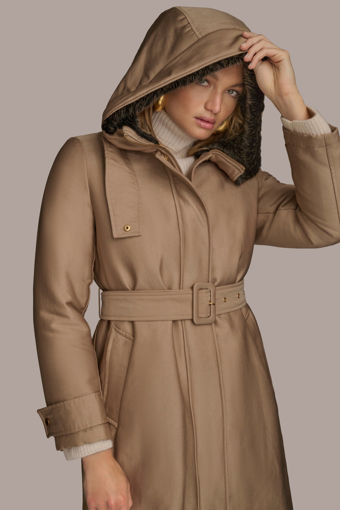 Donna Karan | FAUX FUR TRIM LINED RAIN COAT