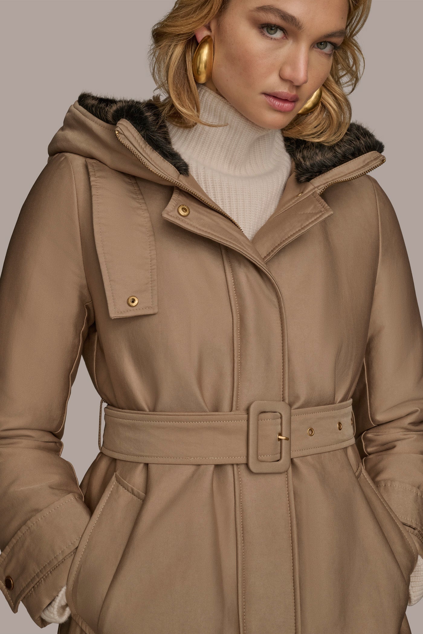 Donna Karan | FAUX FUR TRIM LINED RAIN COAT