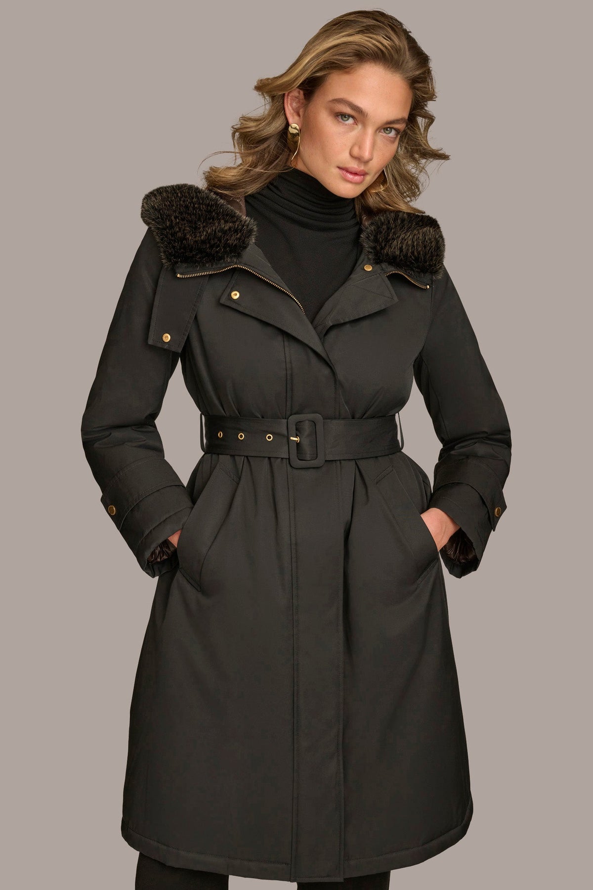 Donna Karan | FAUX FUR TRIM LINED RAIN COAT