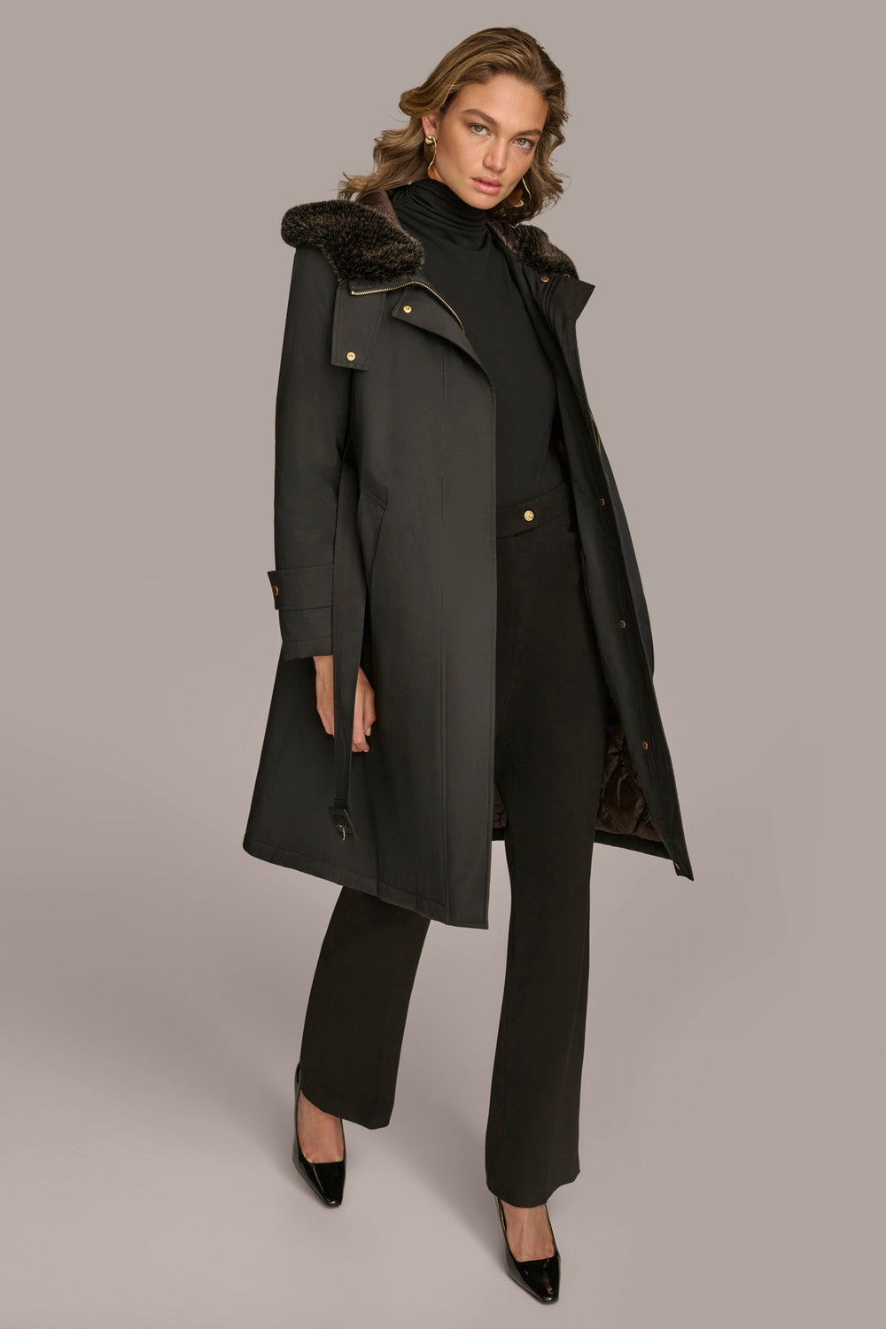 Donna Karan | FAUX FUR TRIM LINED RAIN COAT
