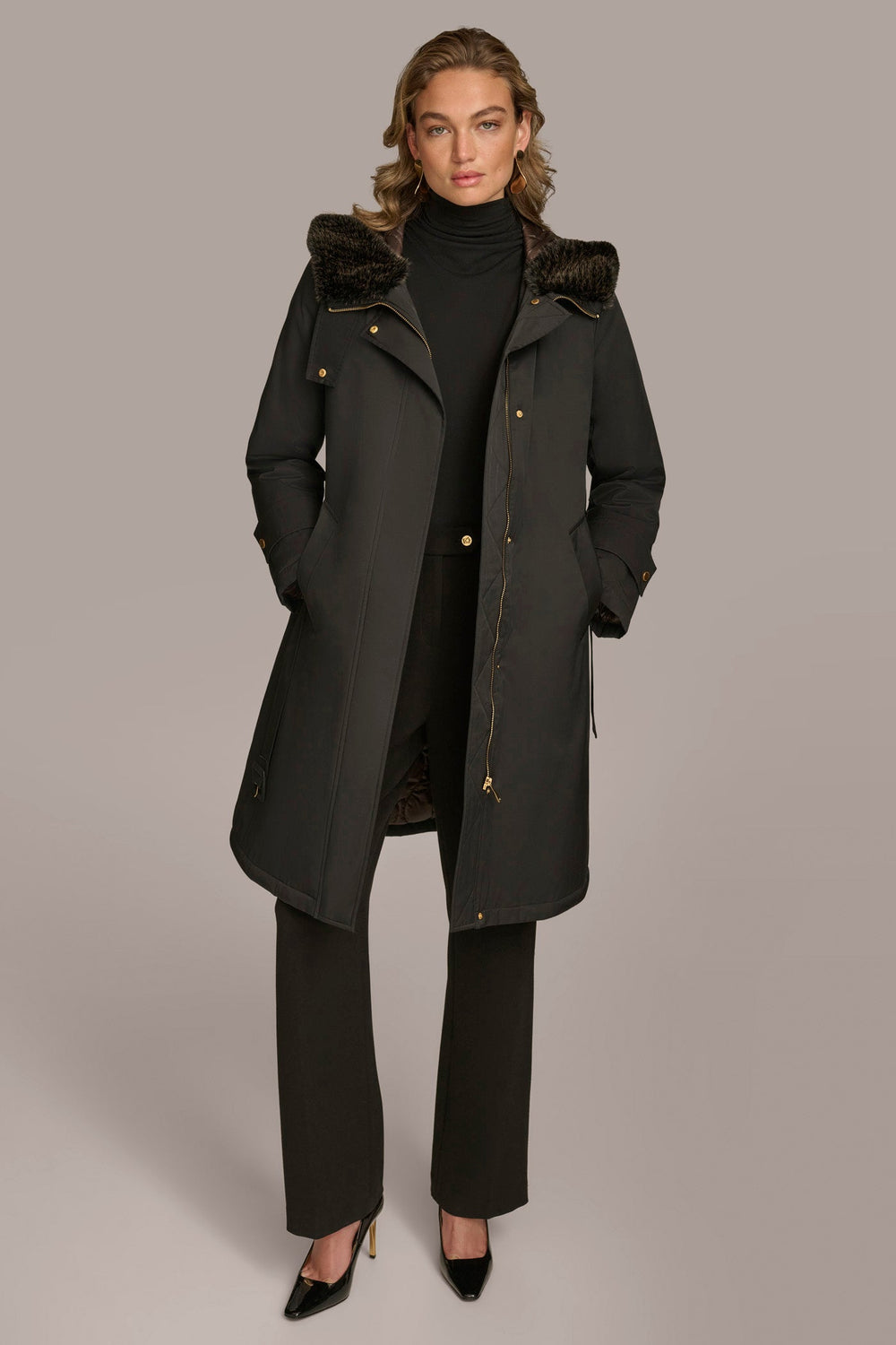 Donna Karan | FAUX FUR TRIM LINED RAIN COAT