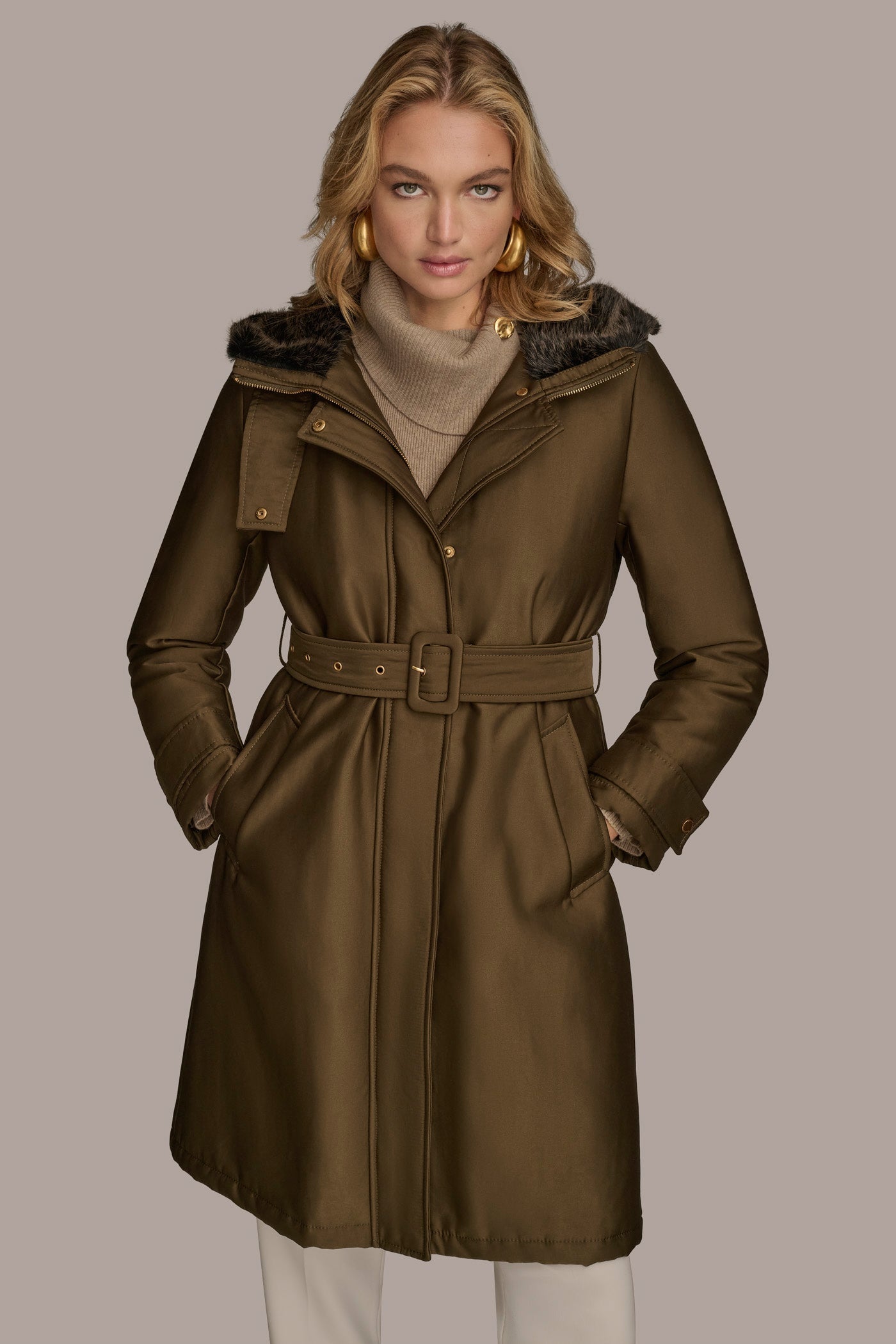 Donna Karan | FAUX FUR TRIM LINED RAIN COAT