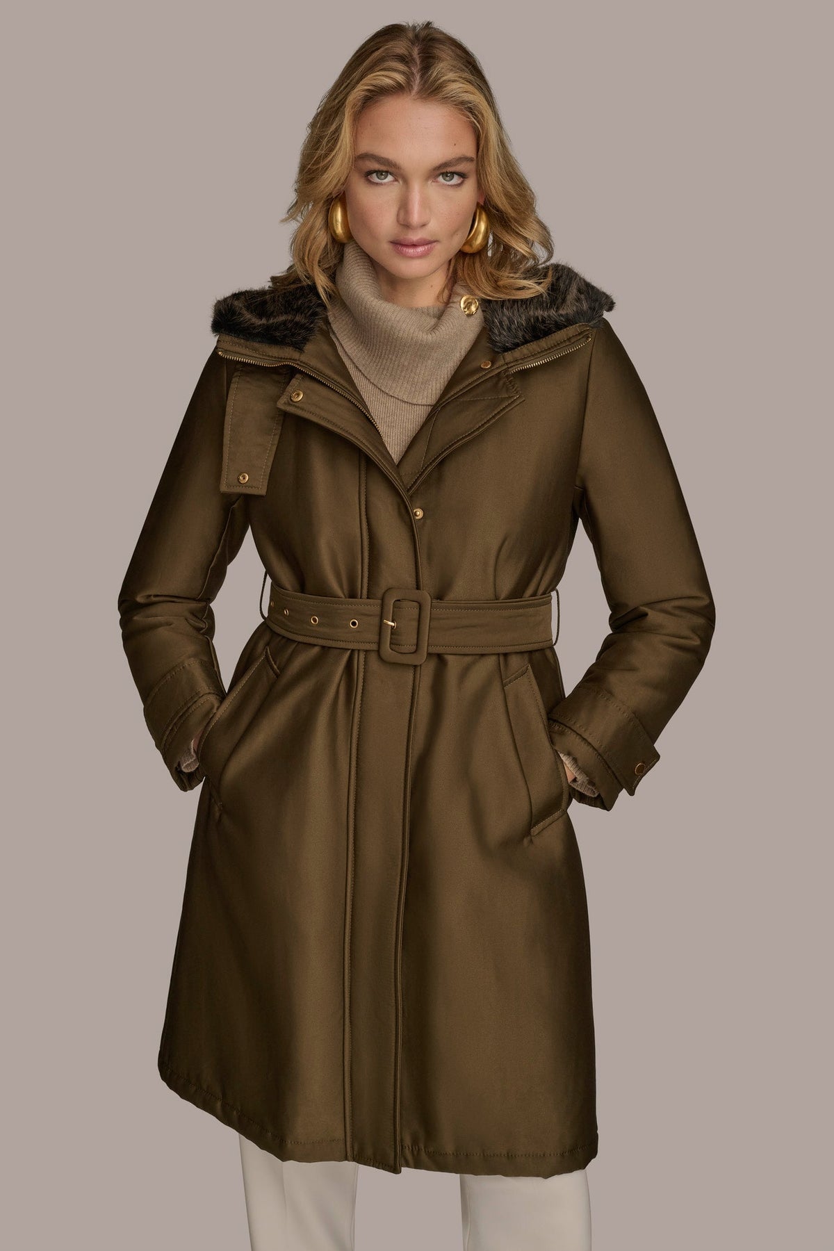 Donna Karan | FAUX FUR TRIM LINED RAIN COAT