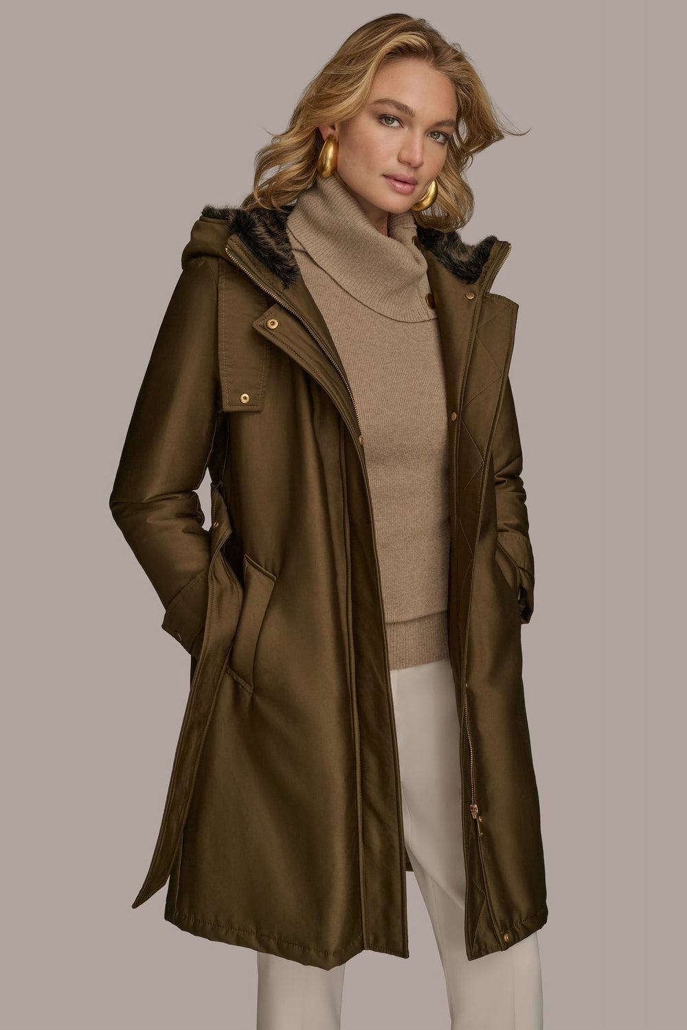 Donna Karan | FAUX FUR TRIM LINED RAIN COAT