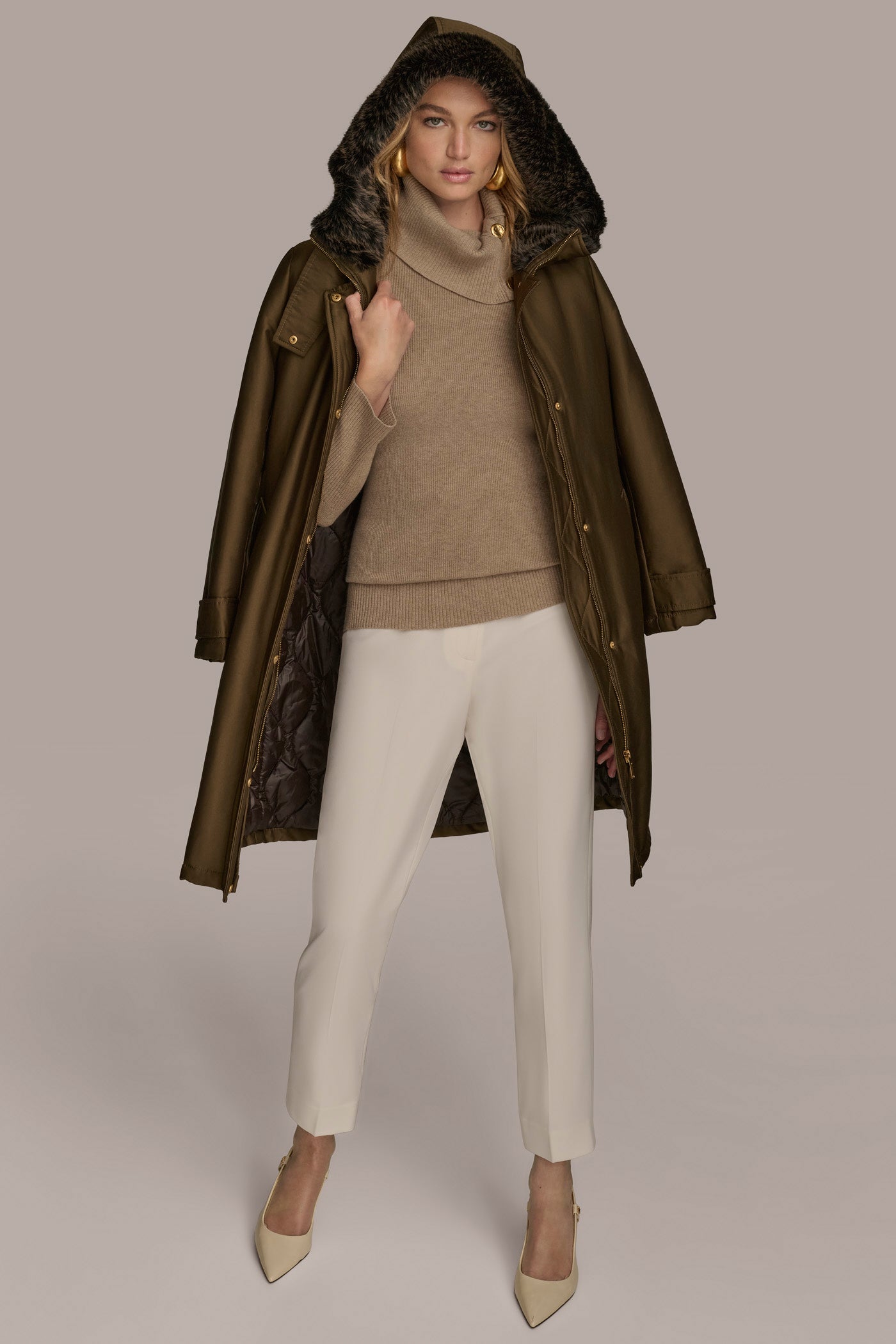 Donna Karan | FAUX FUR TRIM LINED RAIN COAT