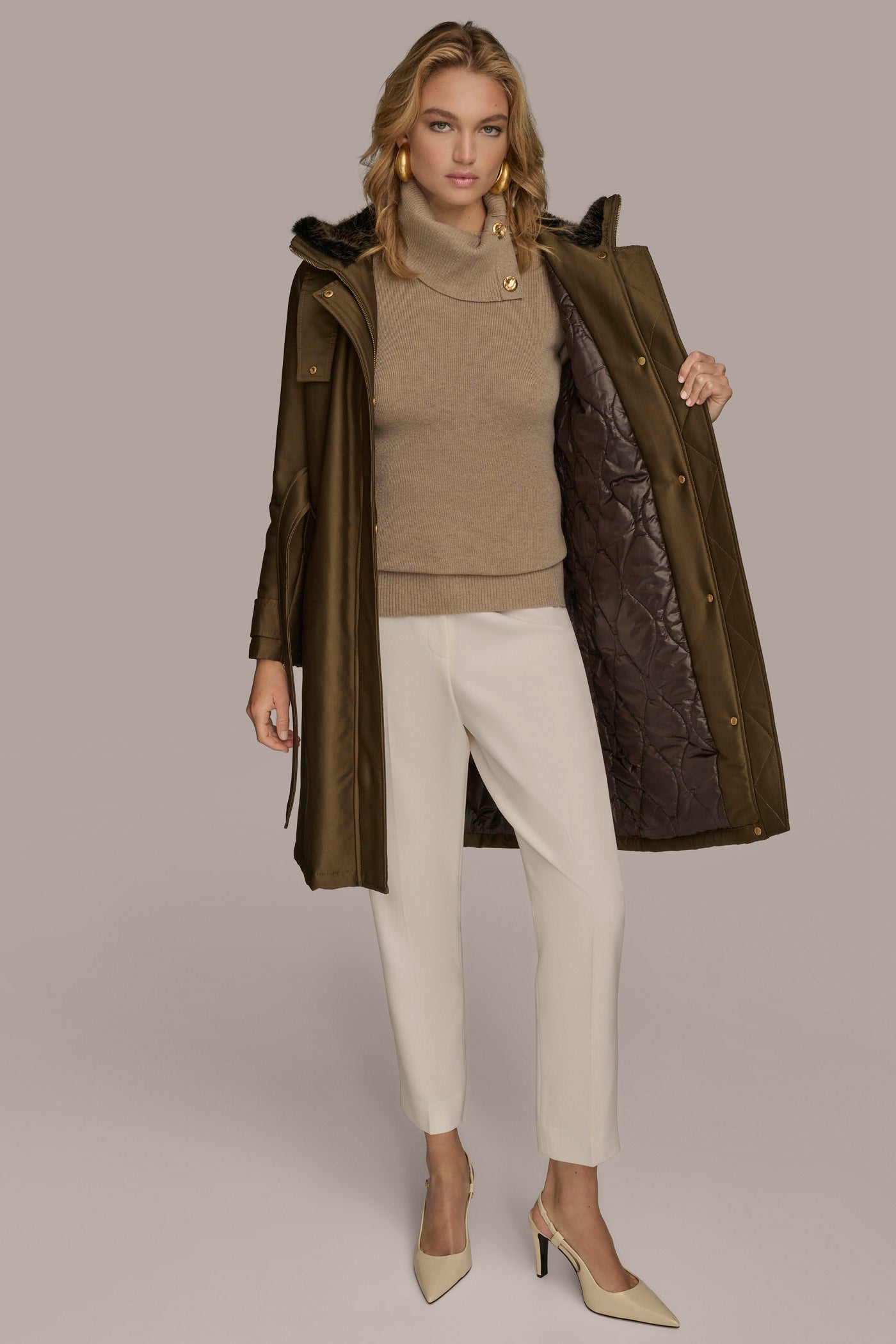 Donna Karan | FAUX FUR TRIM LINED RAIN COAT
