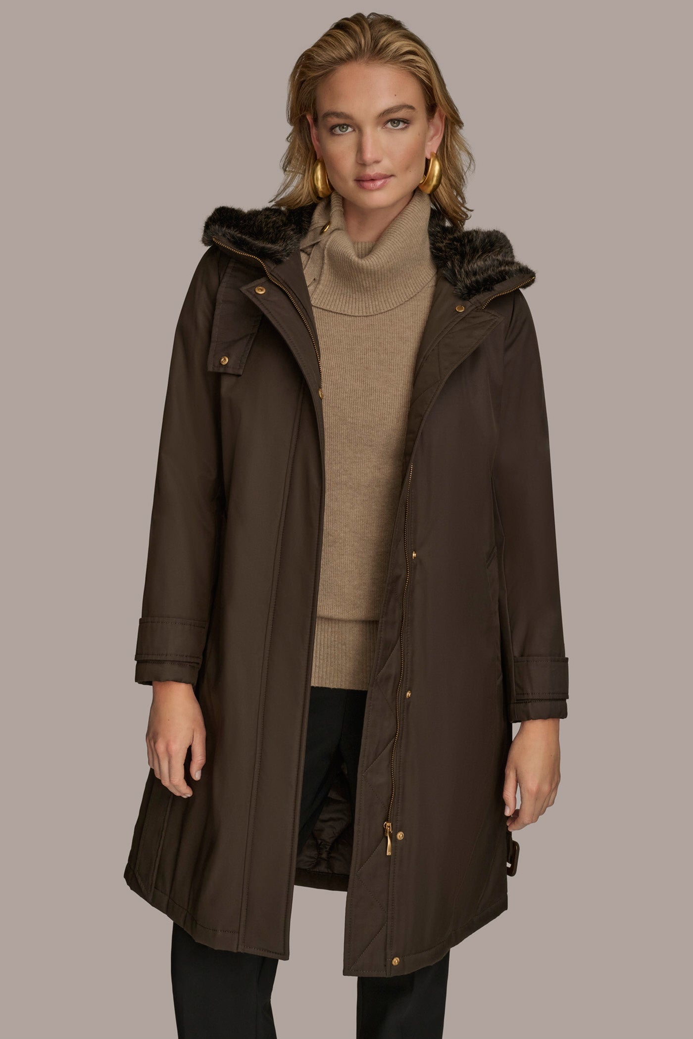 Donna Karan | FAUX FUR TRIM LINED RAIN COAT