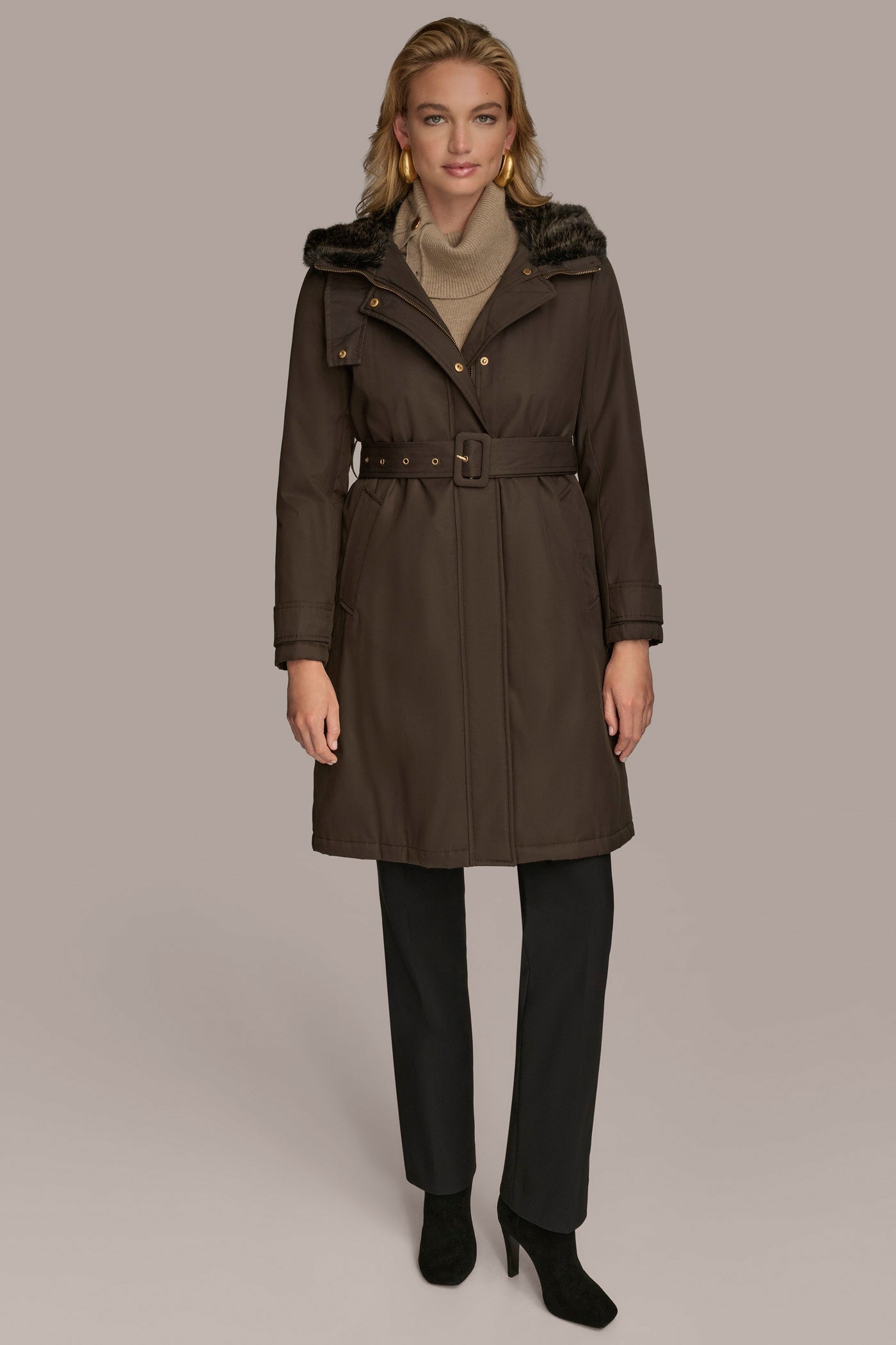 Donna Karan | FAUX FUR TRIM LINED RAIN COAT