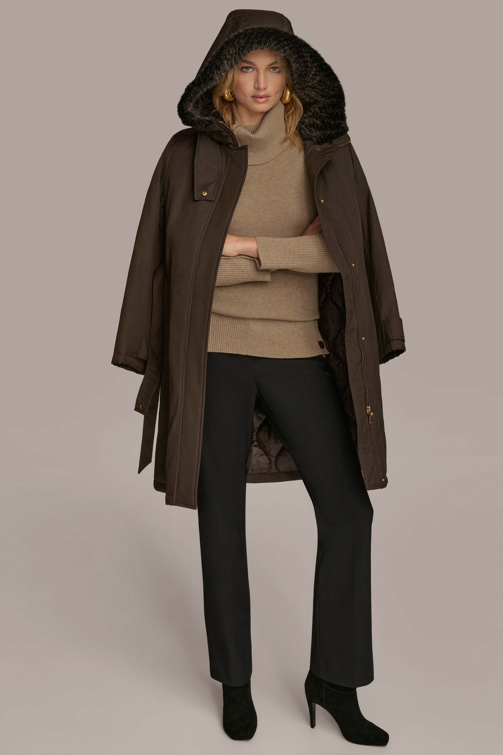 Donna Karan | FAUX FUR TRIM LINED RAIN COAT