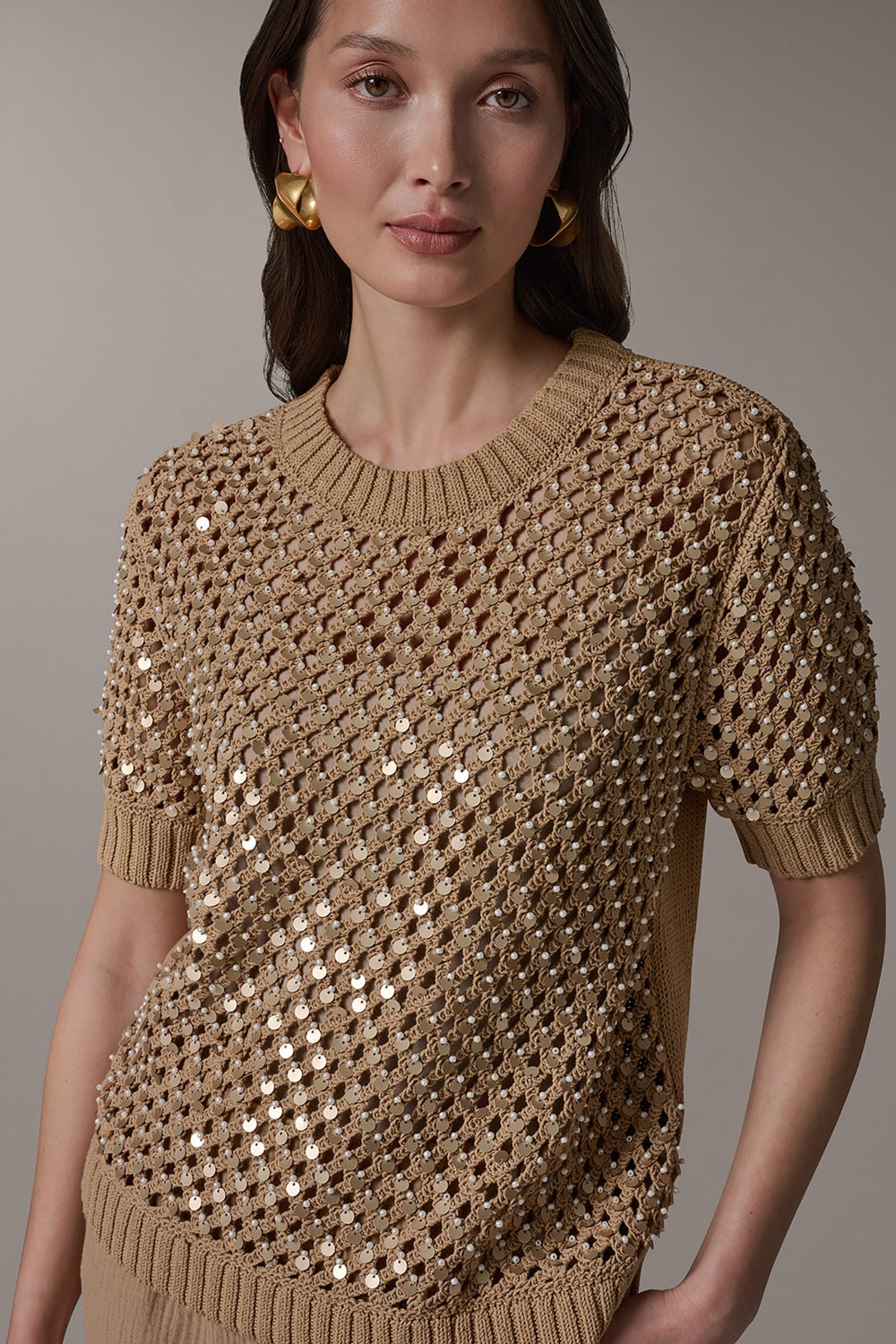 Donna Karan | SHORT SLEEVE PEARL SEQUIN SWEATER