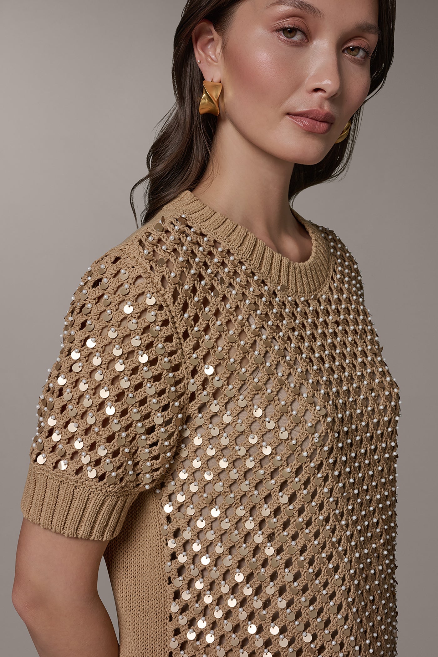 Donna Karan | SHORT SLEEVE PEARL SEQUIN SWEATER