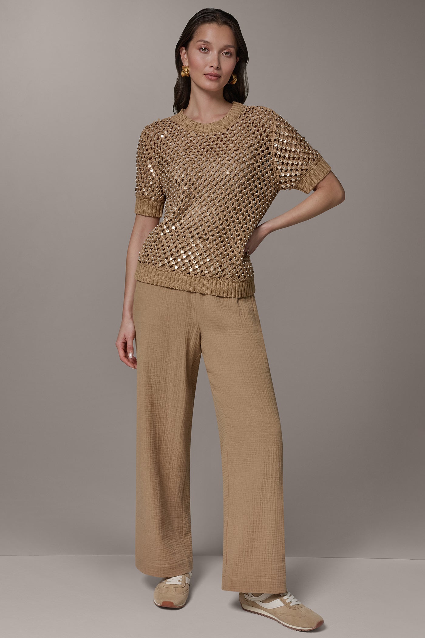 Donna Karan | SHORT SLEEVE PEARL SEQUIN SWEATER