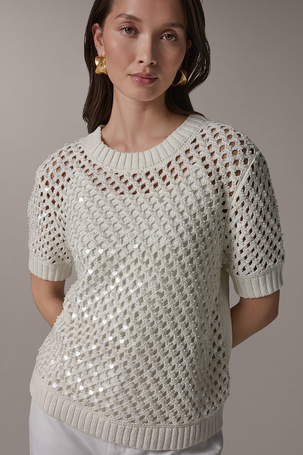 Donna Karan | SHORT SLEEVE PEARL SEQUIN SWEATER