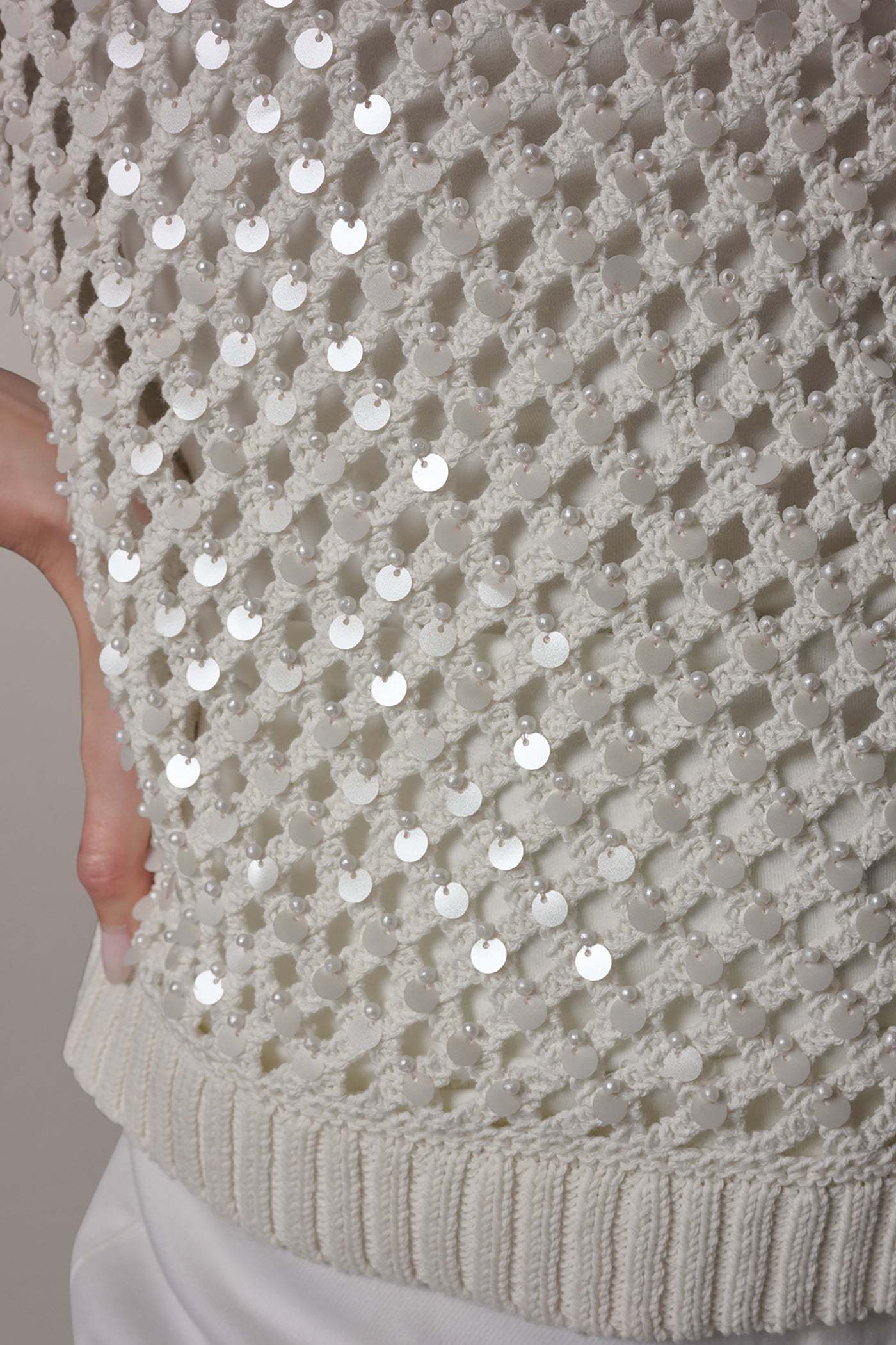 Donna Karan | SHORT SLEEVE PEARL SEQUIN SWEATER