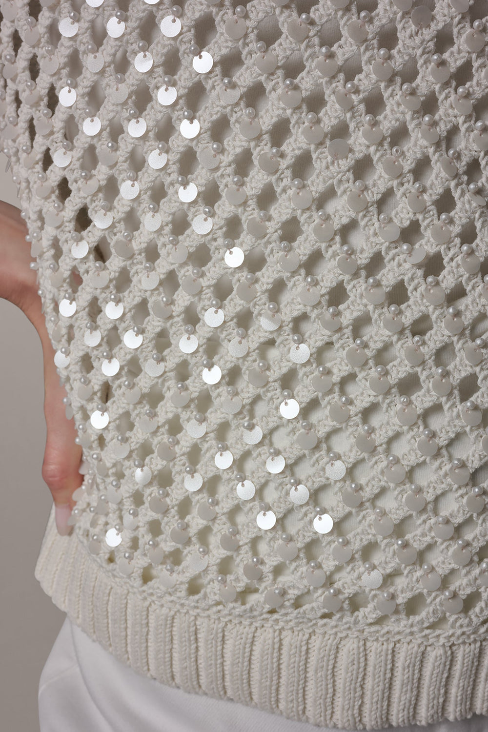 Donna Karan | SHORT SLEEVE PEARL SEQUIN SWEATER