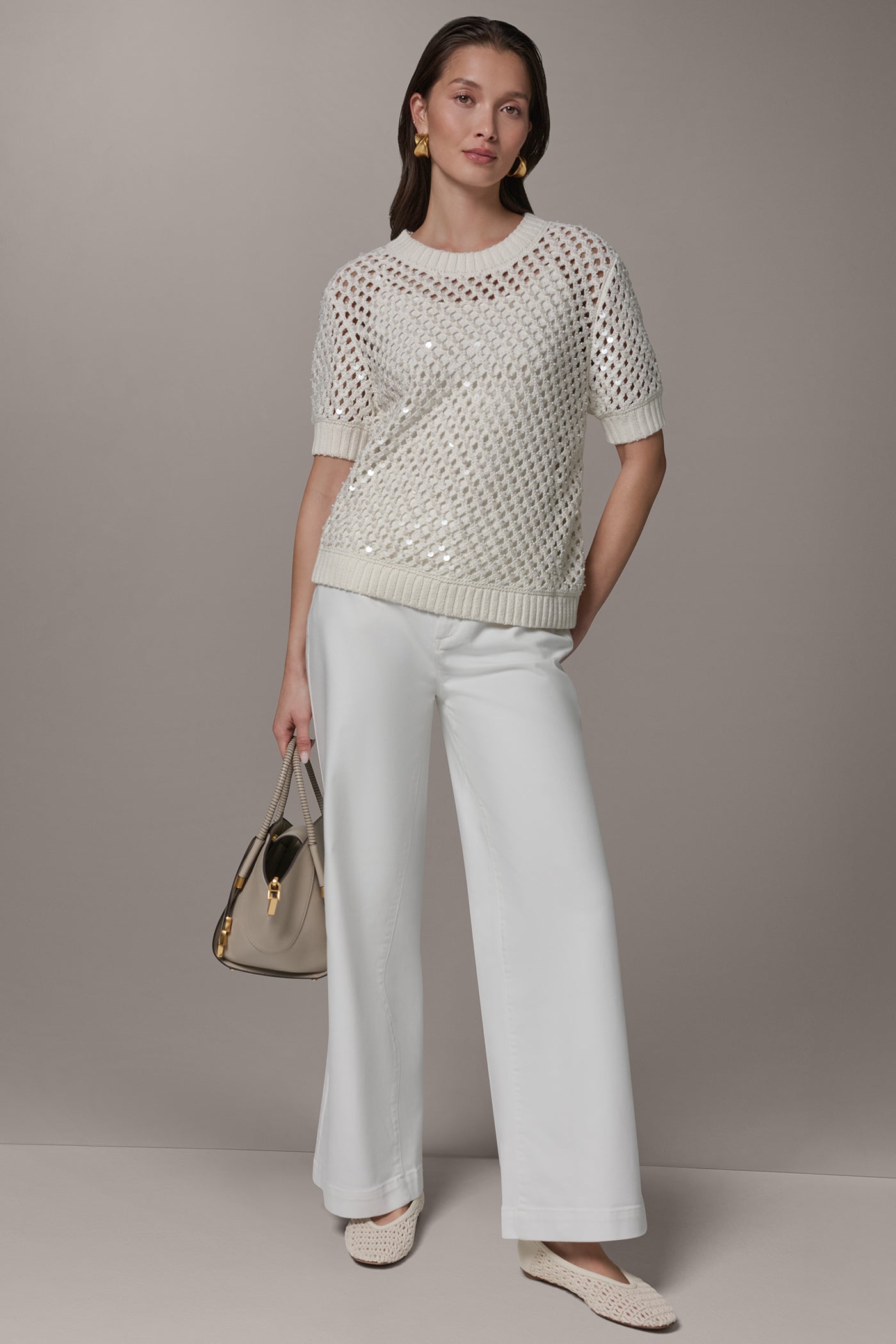 Donna Karan | SHORT SLEEVE PEARL SEQUIN SWEATER
