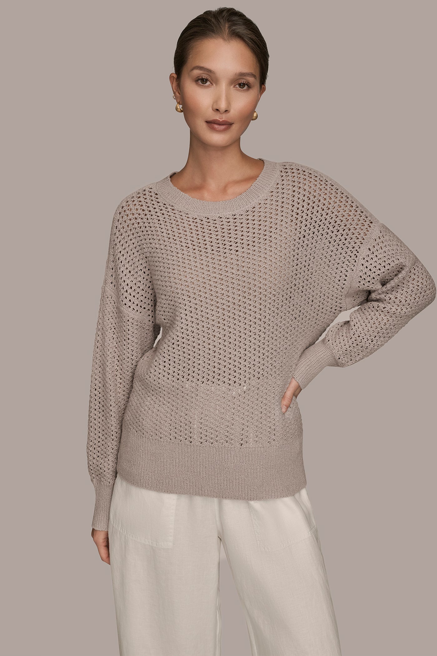Donna Karan | LONG SLEEVE OPEN STITCH SWEATER