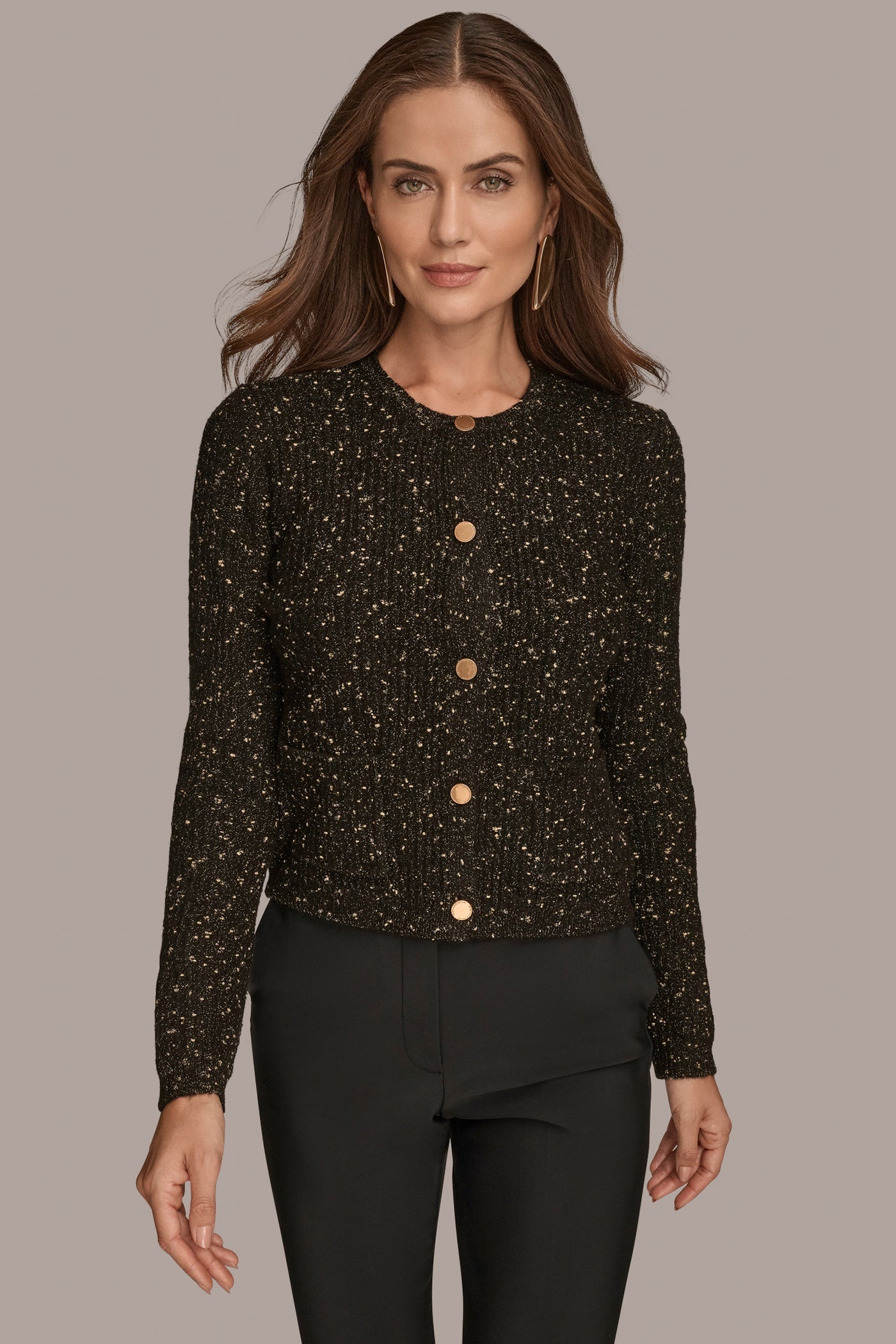 Donna Karan | LONG SLEEVE METALLIC SPECKLED CARDIGAN