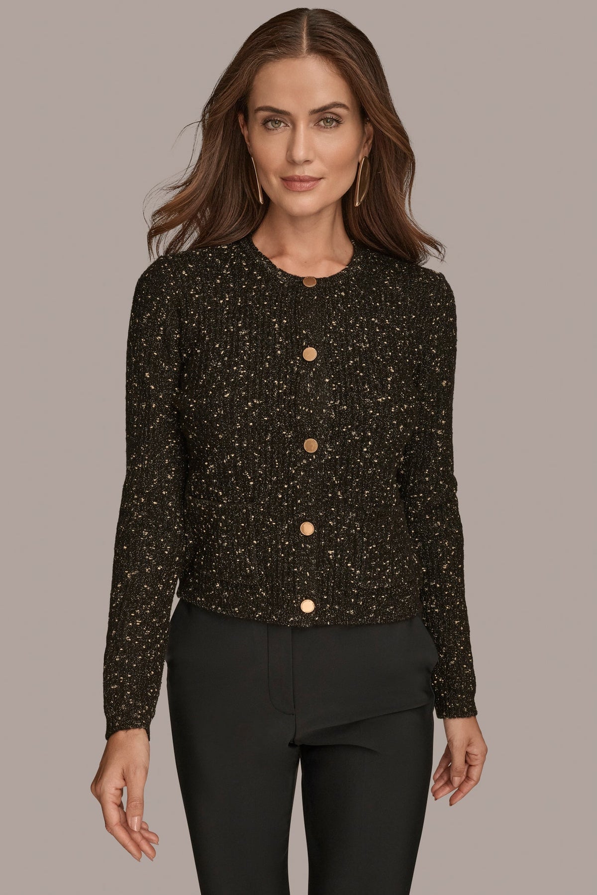 Donna Karan | LONG SLEEVE METALLIC SPECKLED CARDIGAN