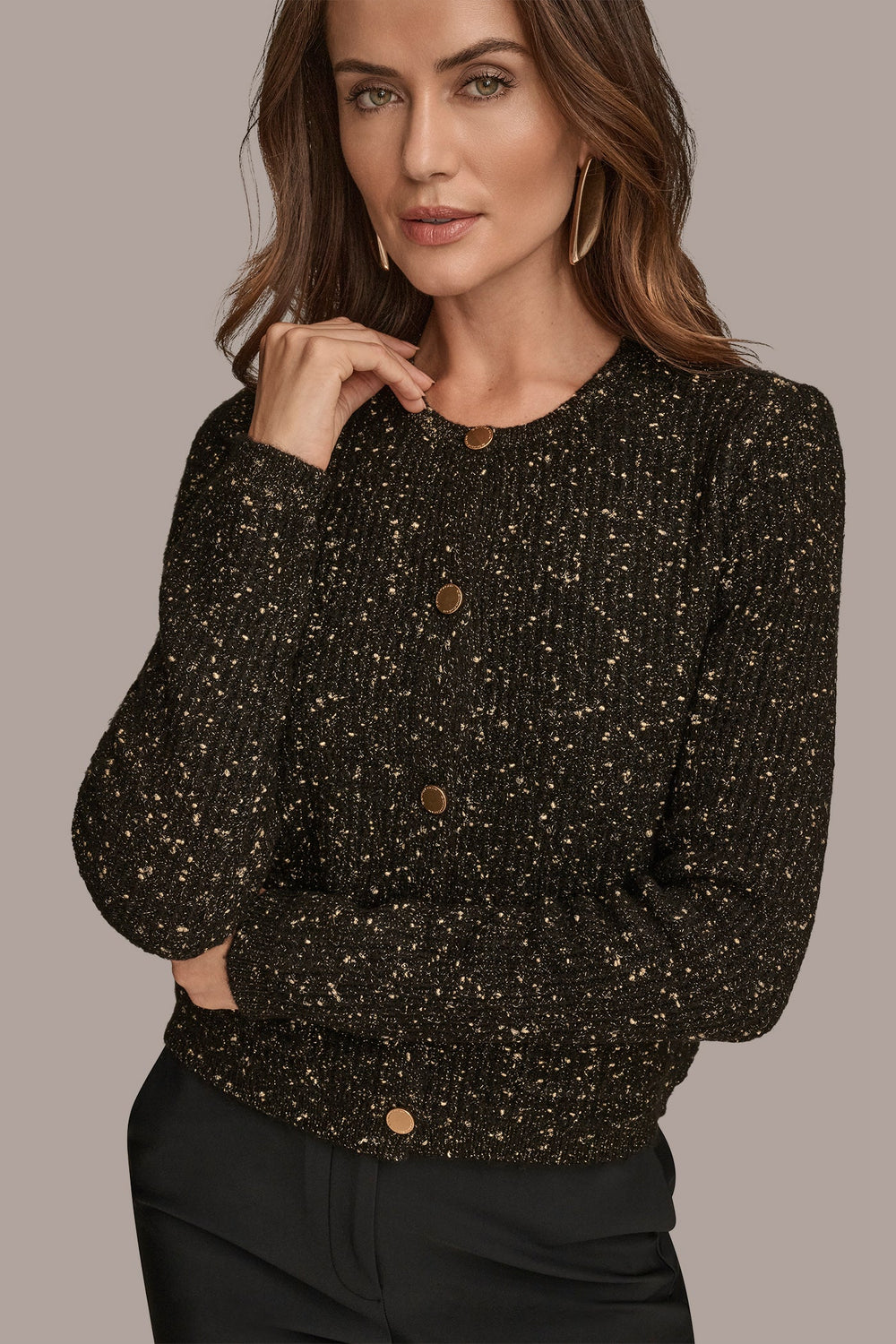 Donna Karan | LONG SLEEVE METALLIC SPECKLED CARDIGAN