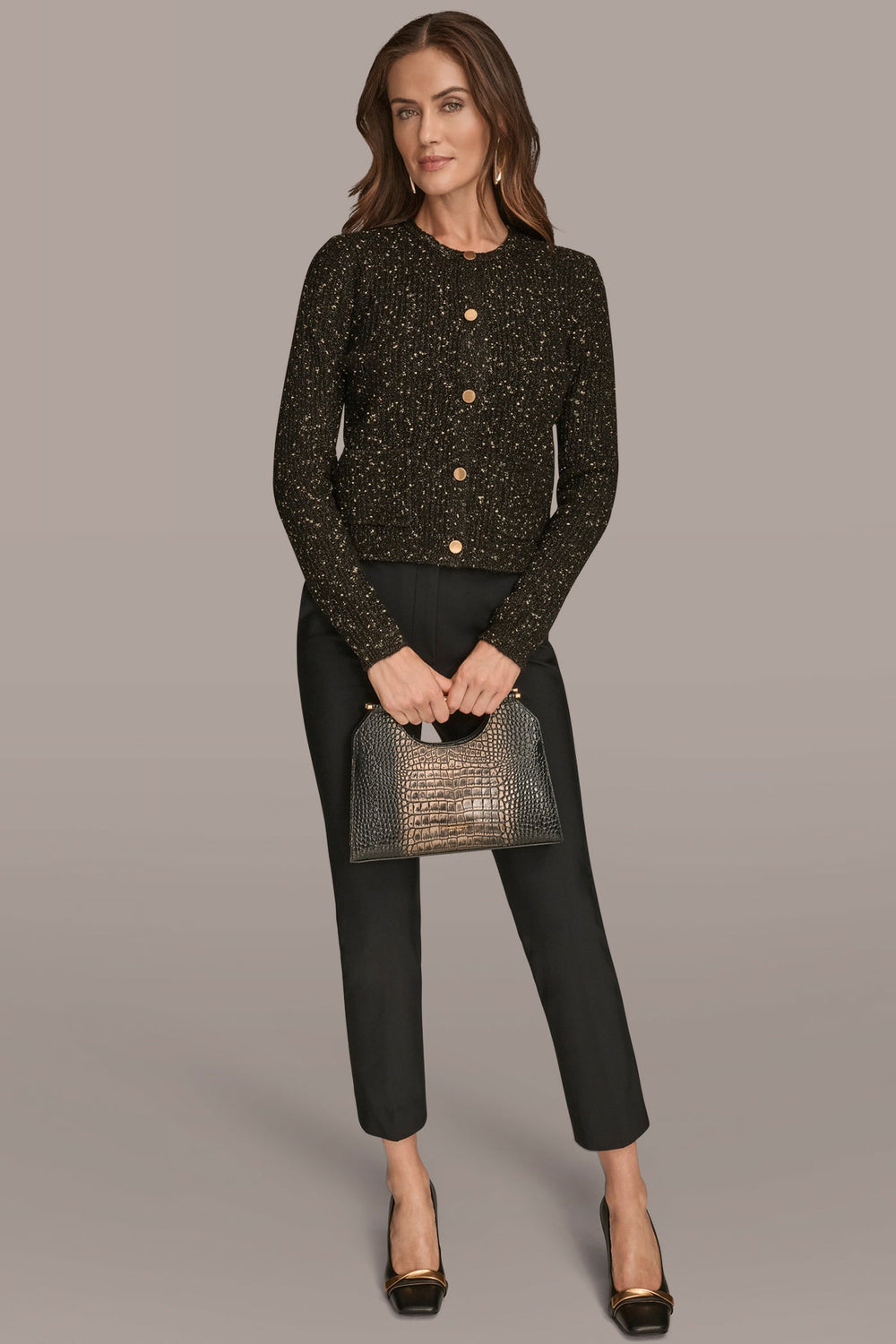 Donna Karan | LONG SLEEVE METALLIC SPECKLED CARDIGAN