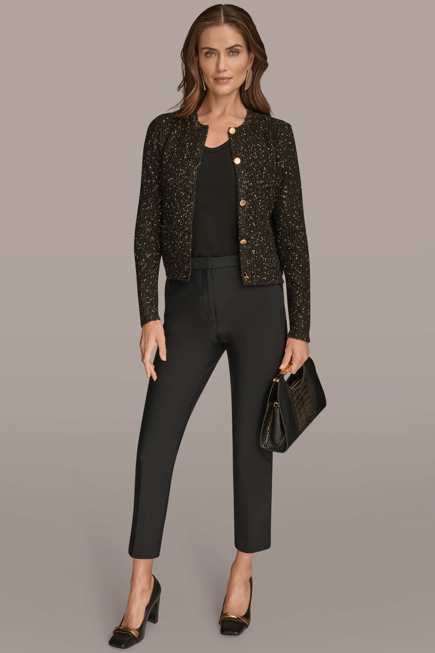 Donna Karan | LONG SLEEVE METALLIC SPECKLED CARDIGAN