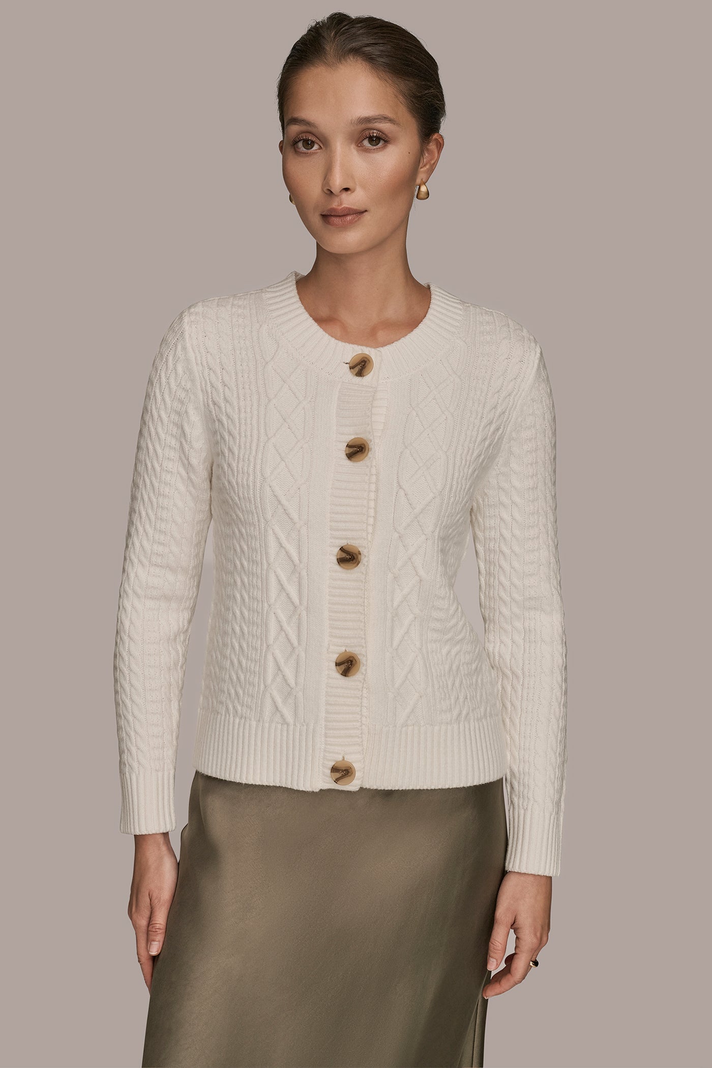 Donna Karan | CABLE-KNIT LONG SLEEVE CARDIGAN