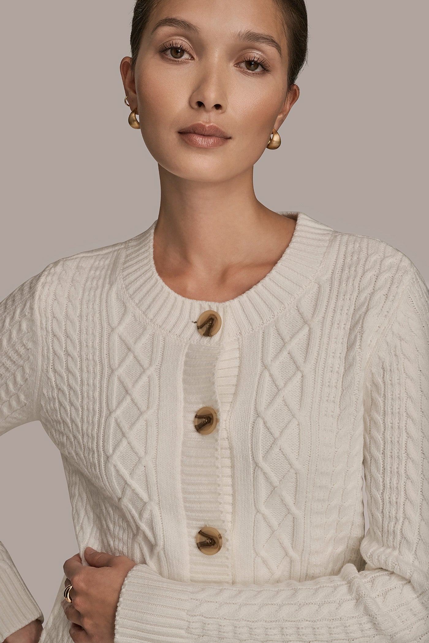 Donna Karan | CABLE-KNIT LONG SLEEVE CARDIGAN