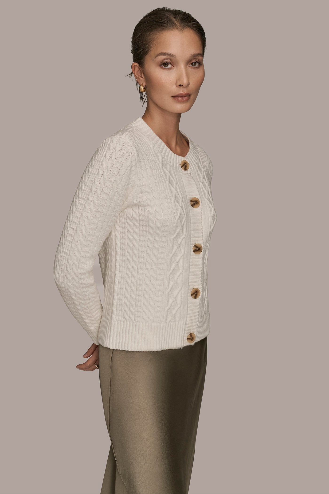 Donna Karan | CABLE-KNIT LONG SLEEVE CARDIGAN