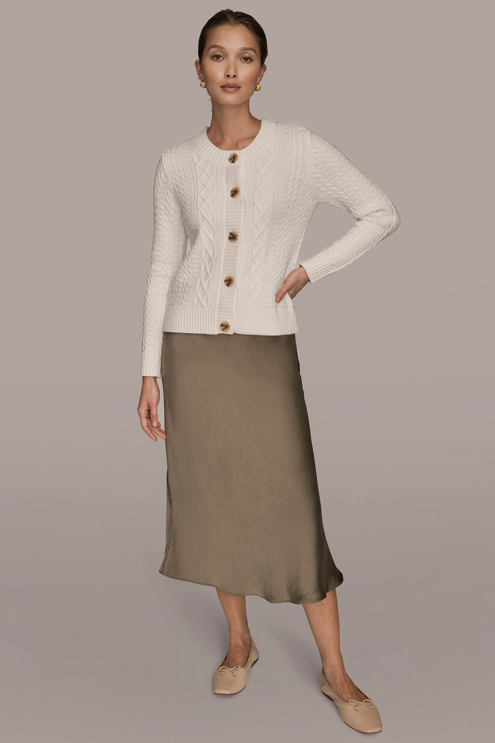 Donna Karan | CABLE-KNIT LONG SLEEVE CARDIGAN