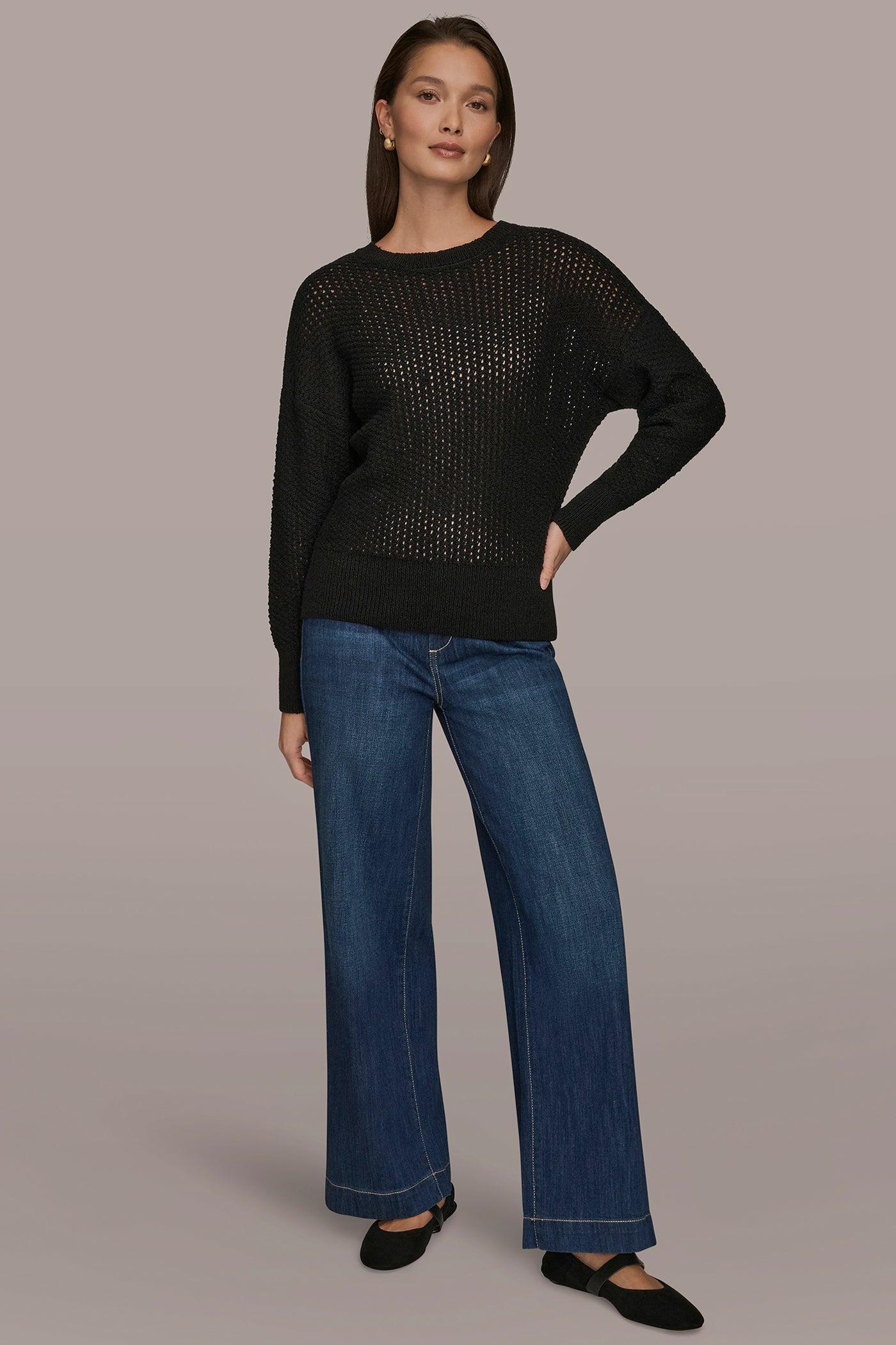 Donna Karan | LONG SLEEVE OPEN STITCH SWEATER