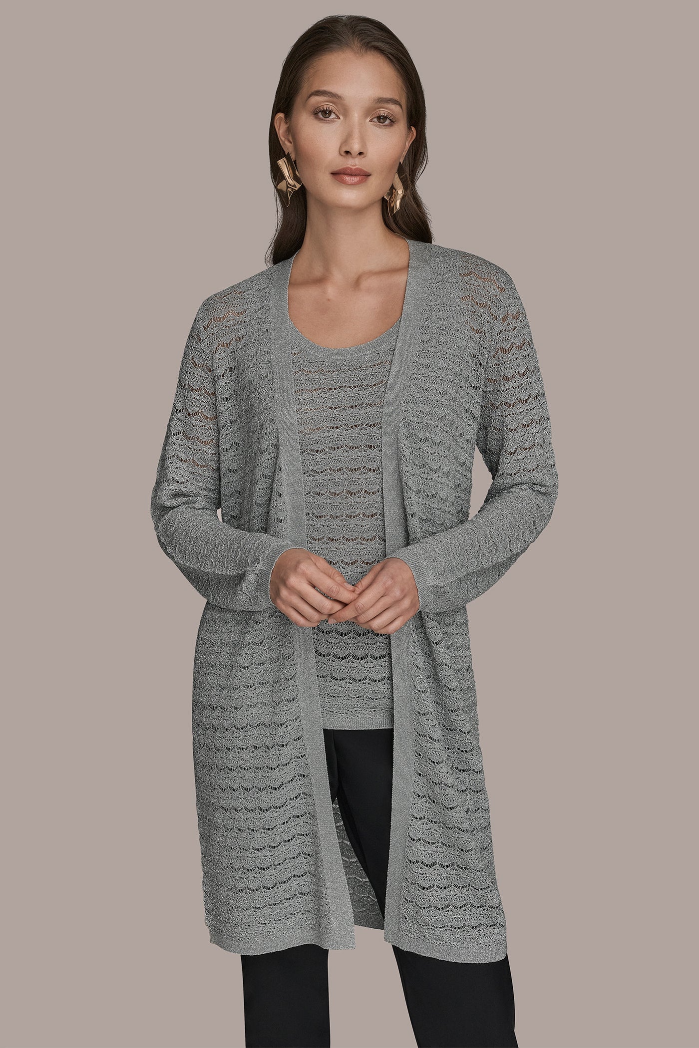 Donna Karan | METALLIC POINTELLE LONG OPEN CARDIGAN