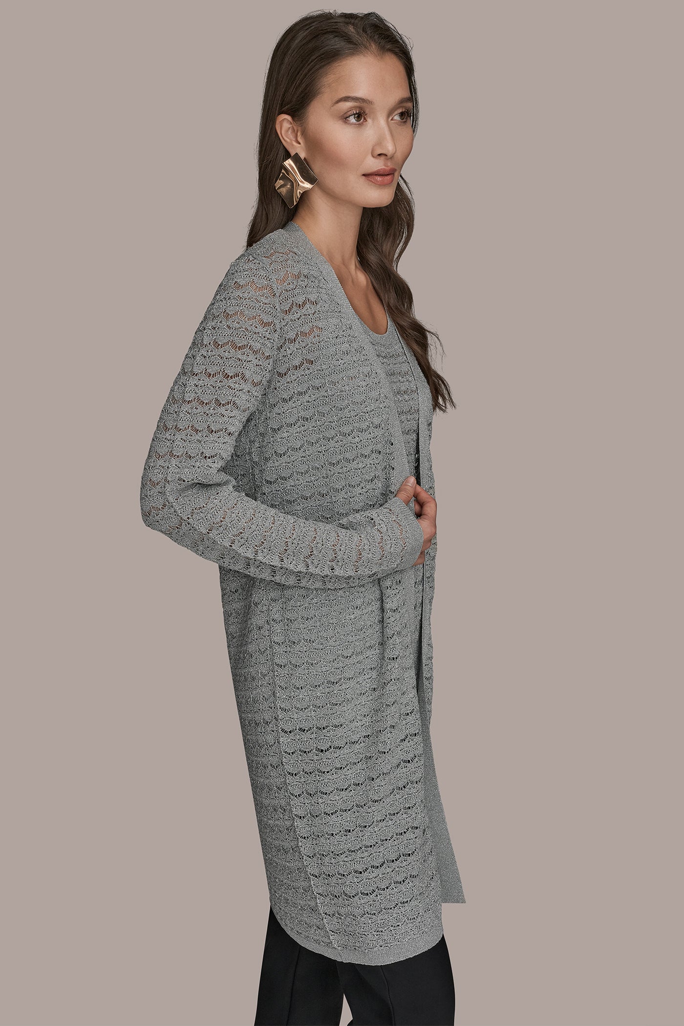 Donna Karan | METALLIC POINTELLE LONG OPEN CARDIGAN