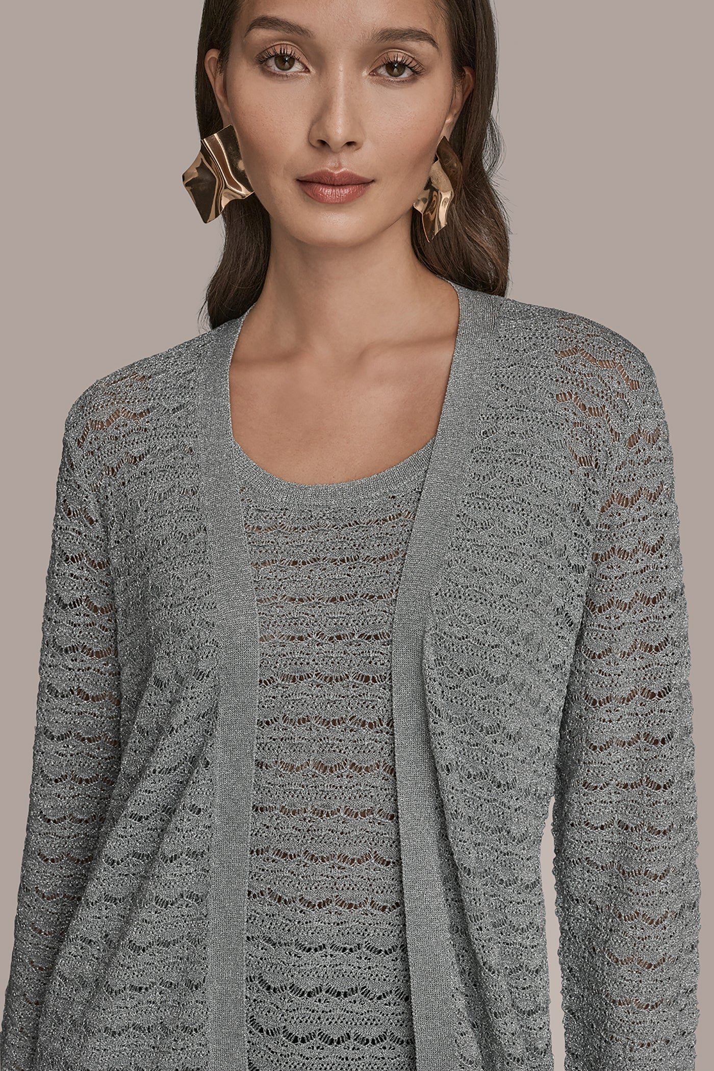 Donna Karan | METALLIC POINTELLE LONG OPEN CARDIGAN