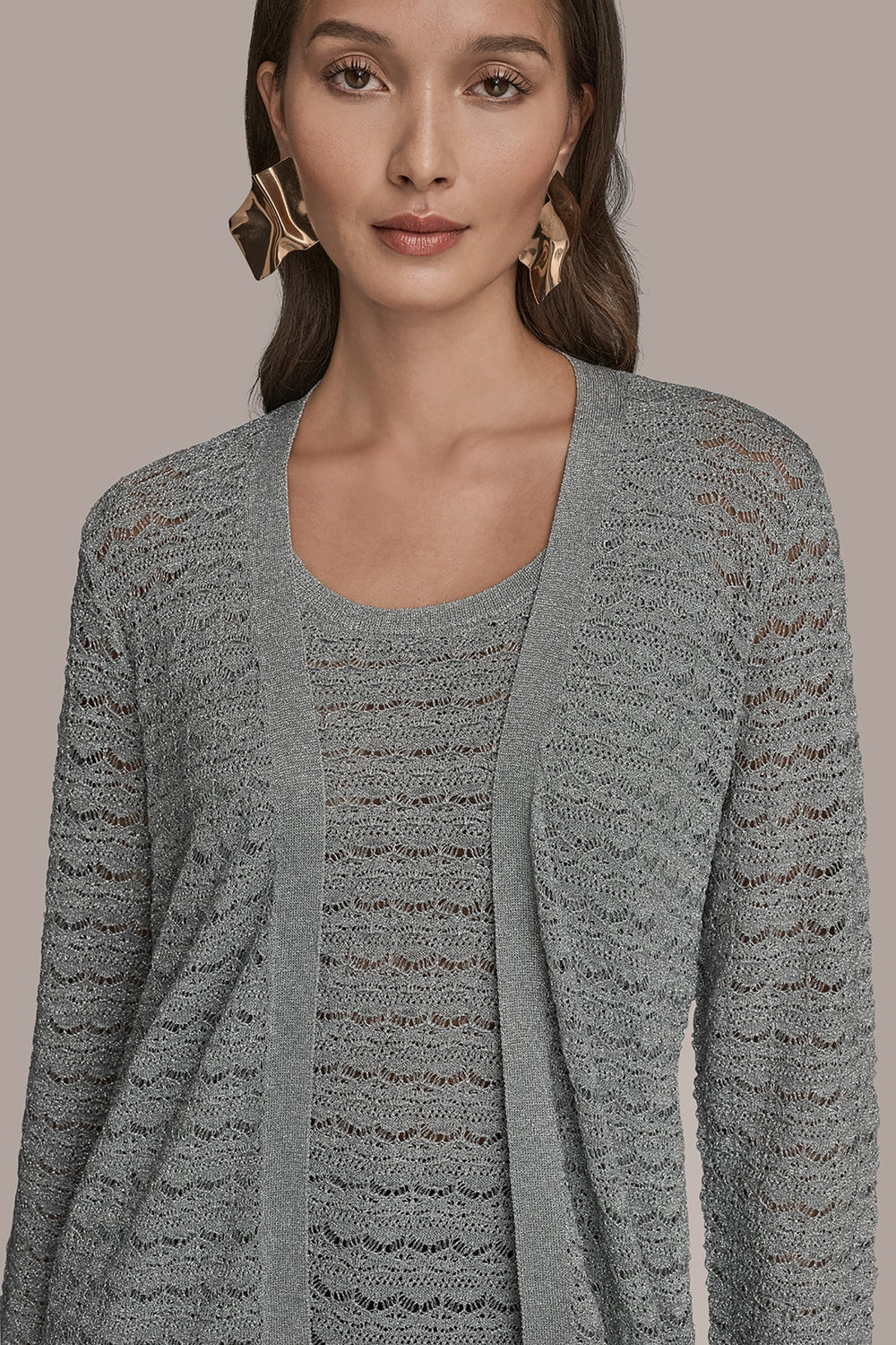 Donna Karan | METALLIC POINTELLE LONG OPEN CARDIGAN