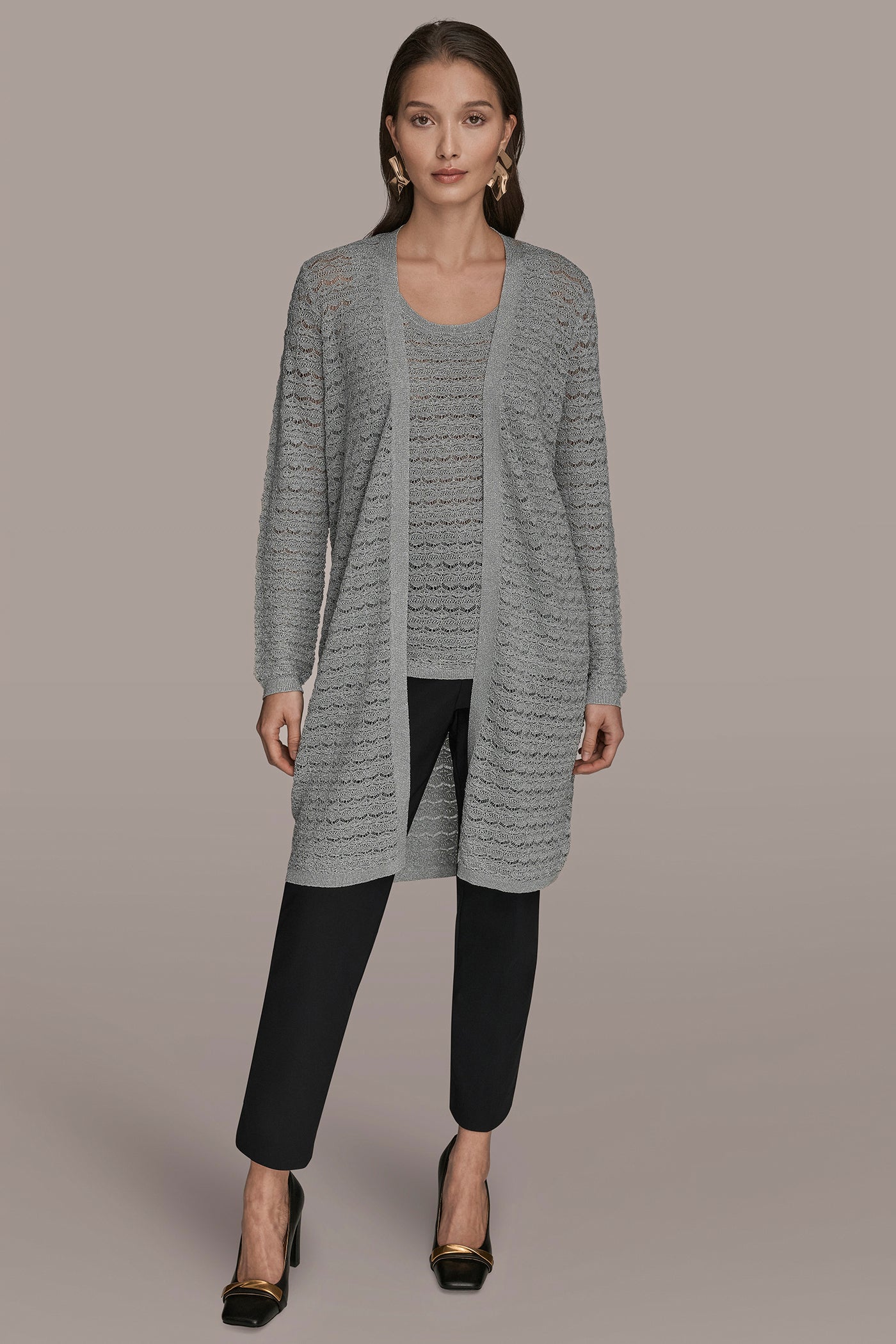 Donna Karan | METALLIC POINTELLE LONG OPEN CARDIGAN