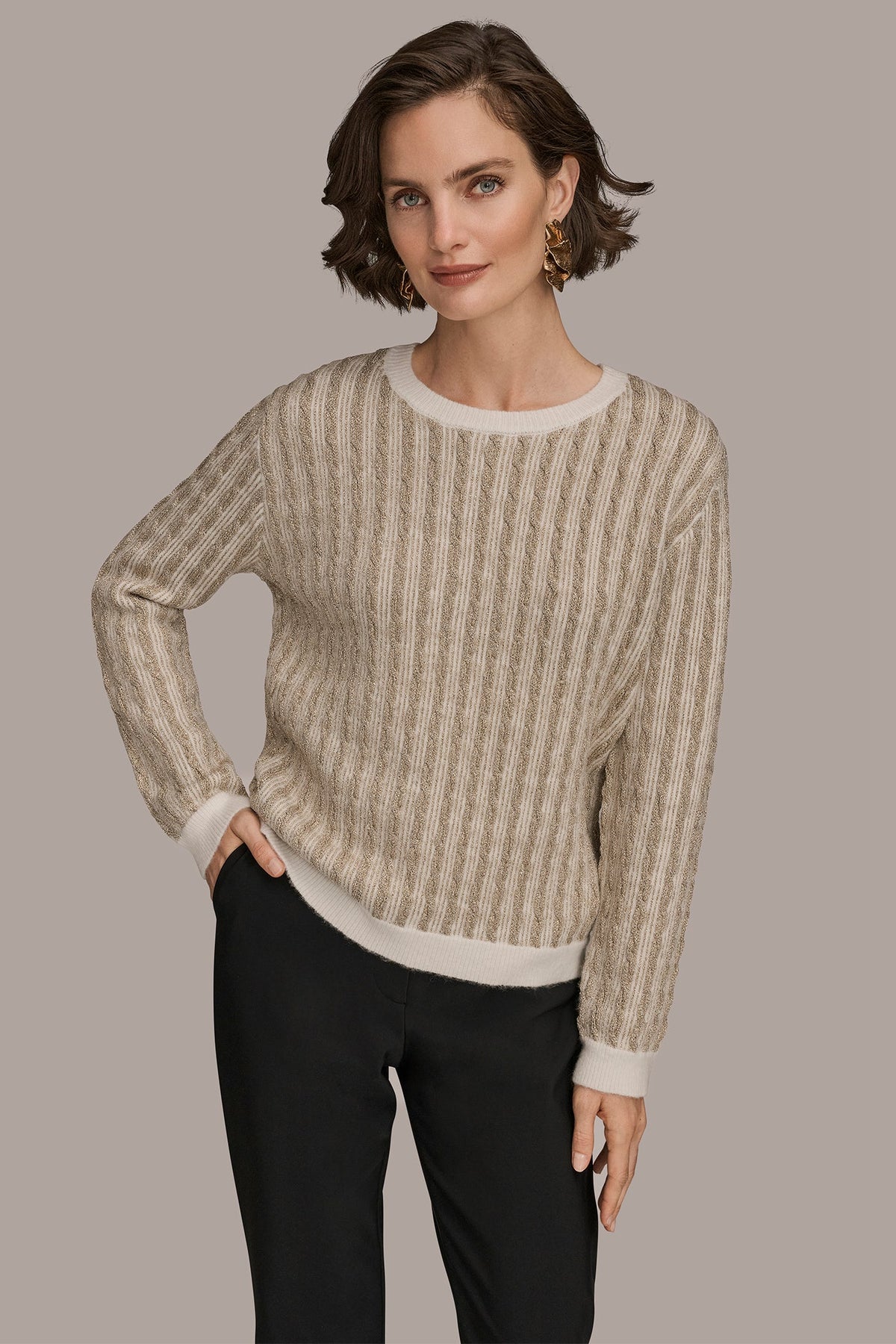Donna Karan | METALLIC TWO-TONE CABLE-KNIT SWEATER