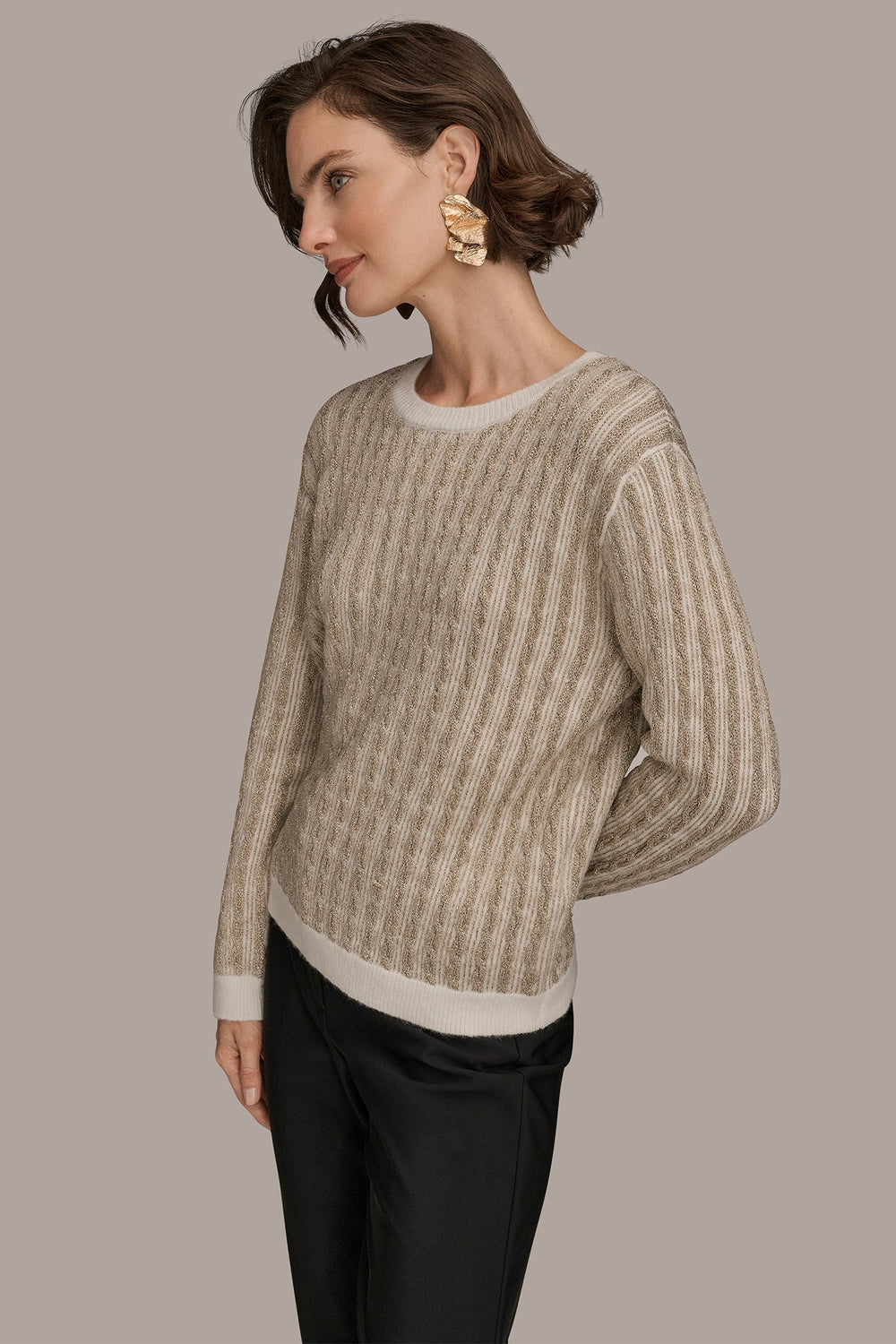 Donna Karan | METALLIC TWO-TONE CABLE-KNIT SWEATER